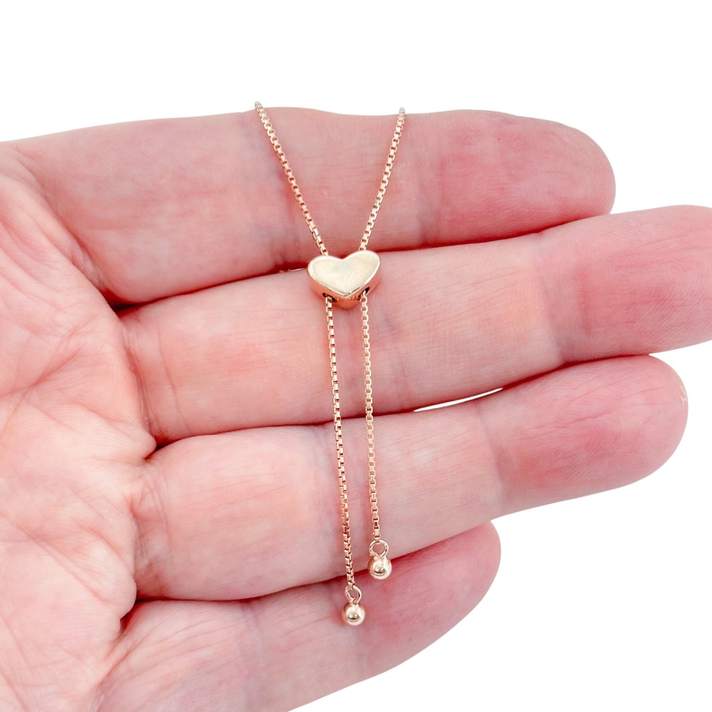 Vintage Sterling Silver 925 Rose Gold-Tone Heart Lariat Necklace up to 23"