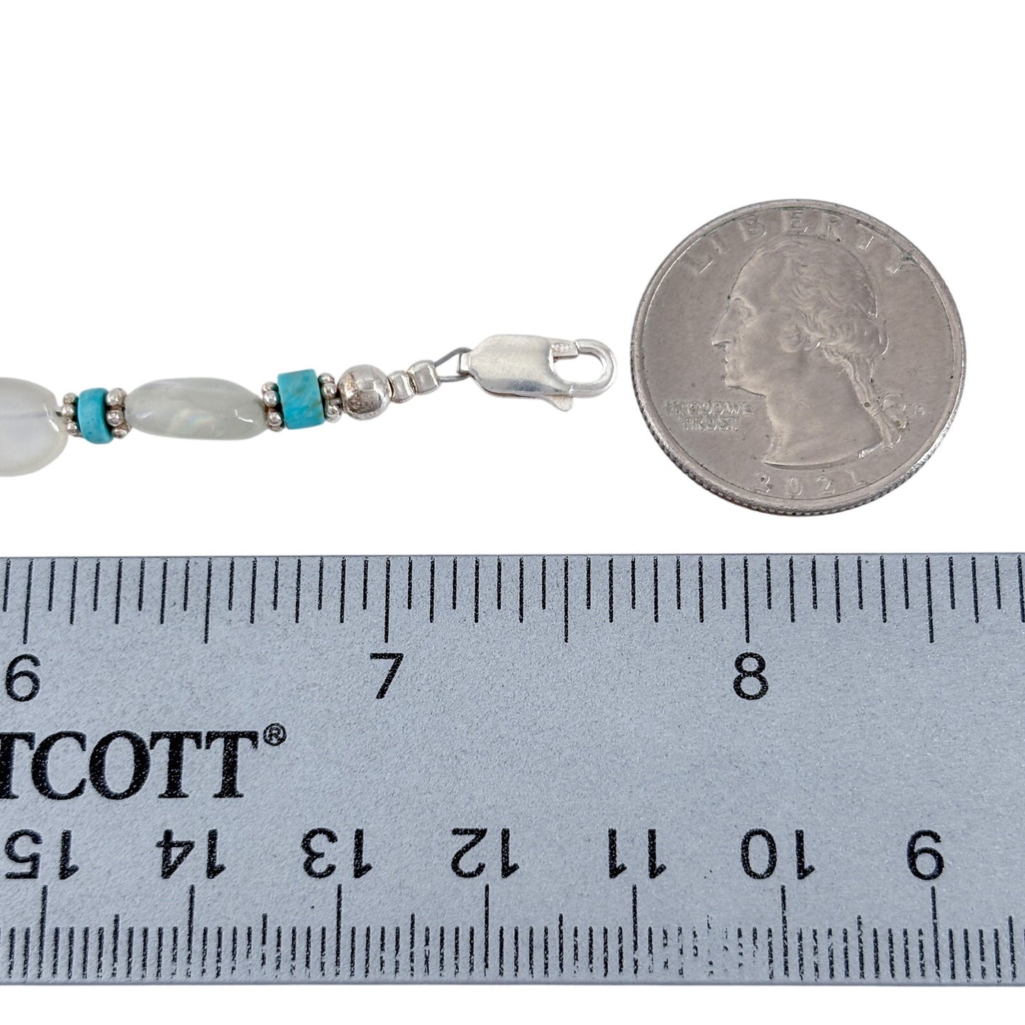 Vintage Sterling Silver 925 Moonstone Turquoise Beaded Bracelet 7.5"