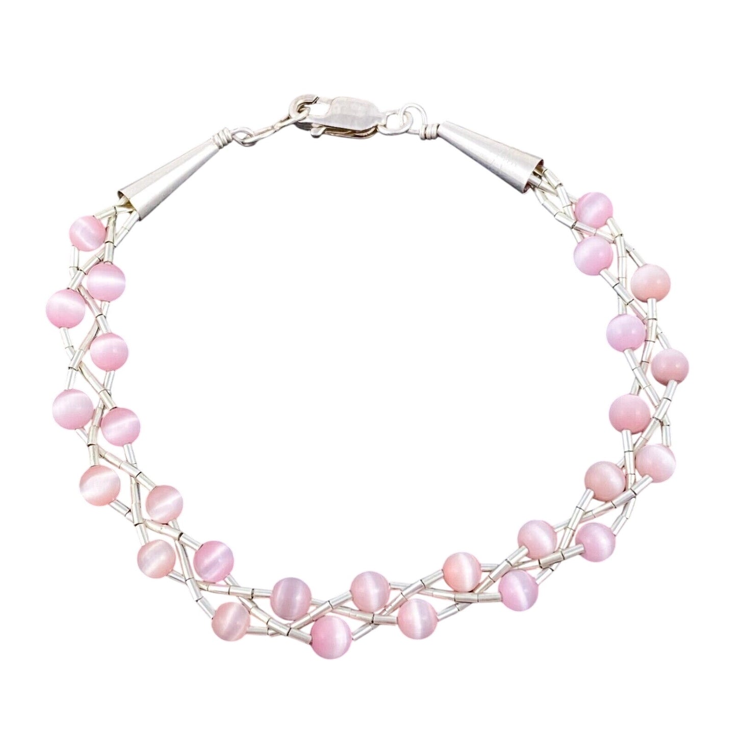 Vintage Sterling Silver 925 Pink Cat’s Eye Bracelet 7.25"