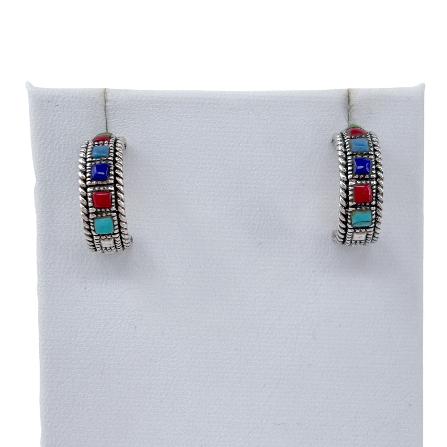 Estate Sterling Silver 925 Multi Gemstone Hoop Earrings