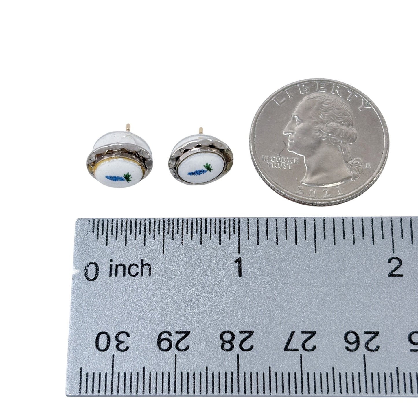 Vintage Sterling Silver 925 Blue Flower Porcelain Stud Earrings