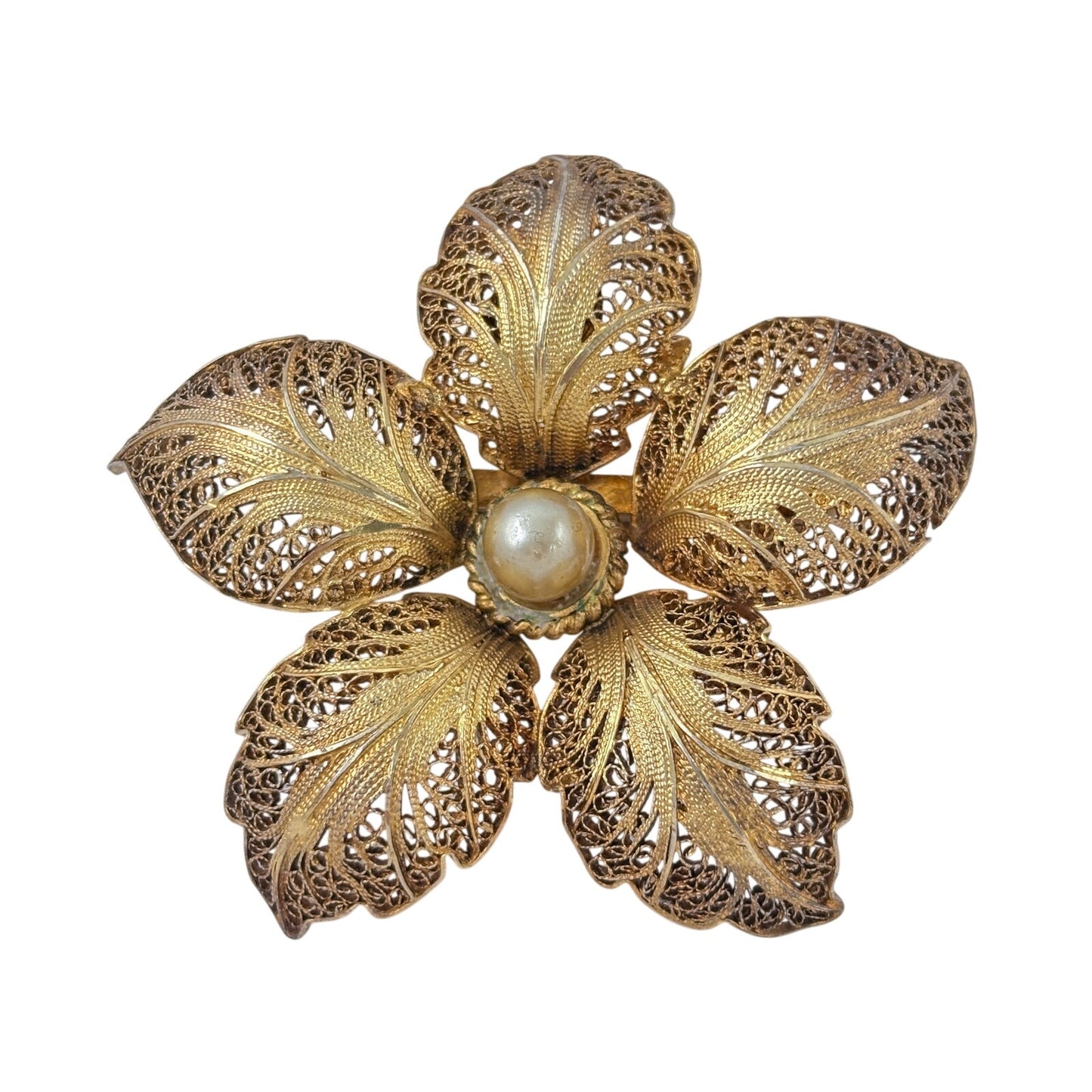 Vintage Topazio Portugal Gold-Tone Sterling Silver Pearl Filigree Flower Brooch