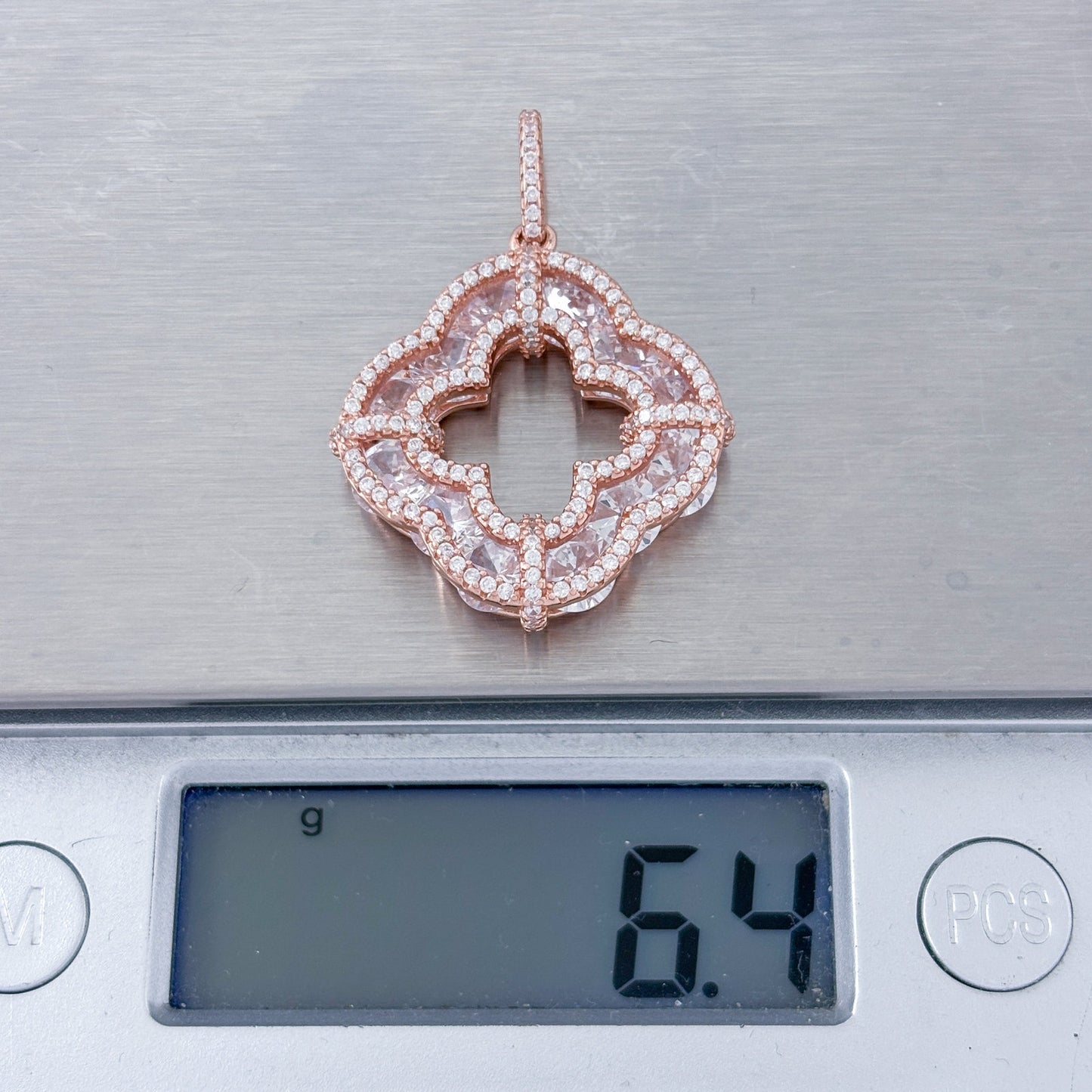 Vintage Rose Gold-Tone Sterling Silver 925 Cubic Zirconia Quatrefoil Pendant