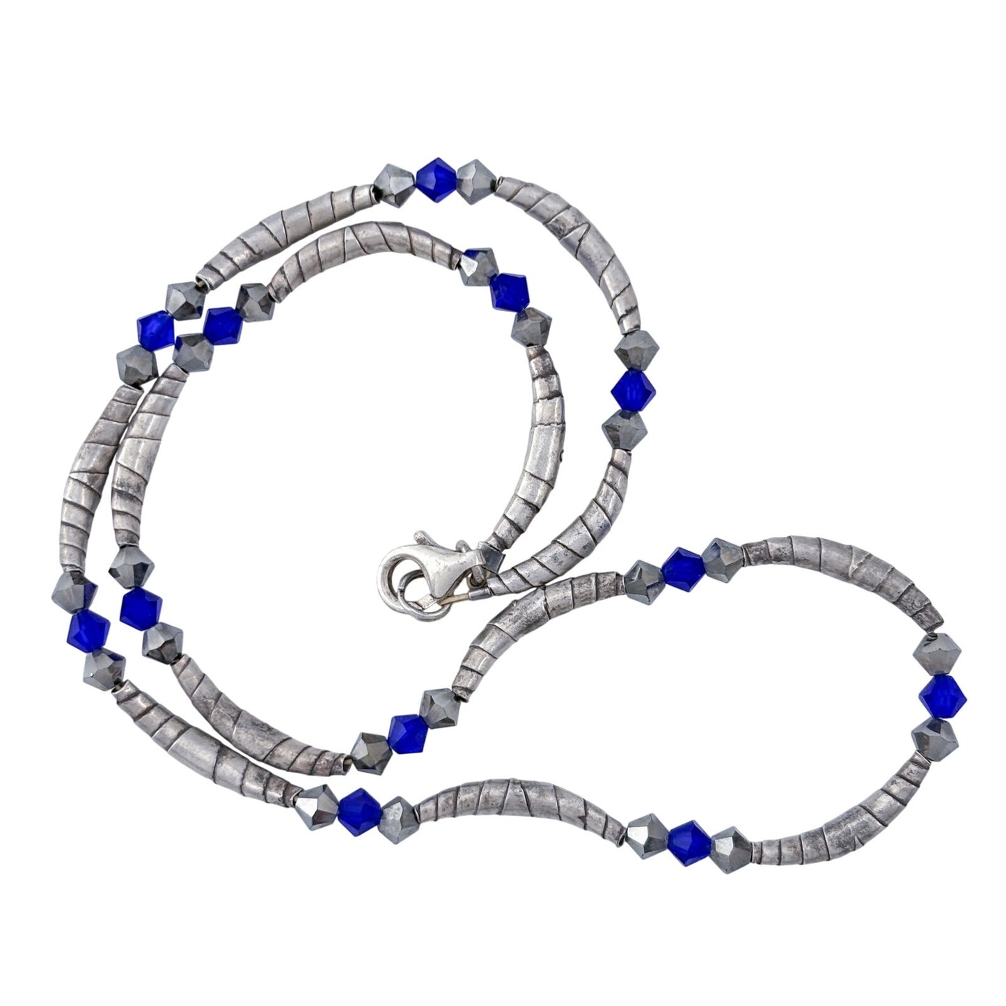 Vintage Sterling Silver 925 Blue Crystal Beaded Necklace 15"
