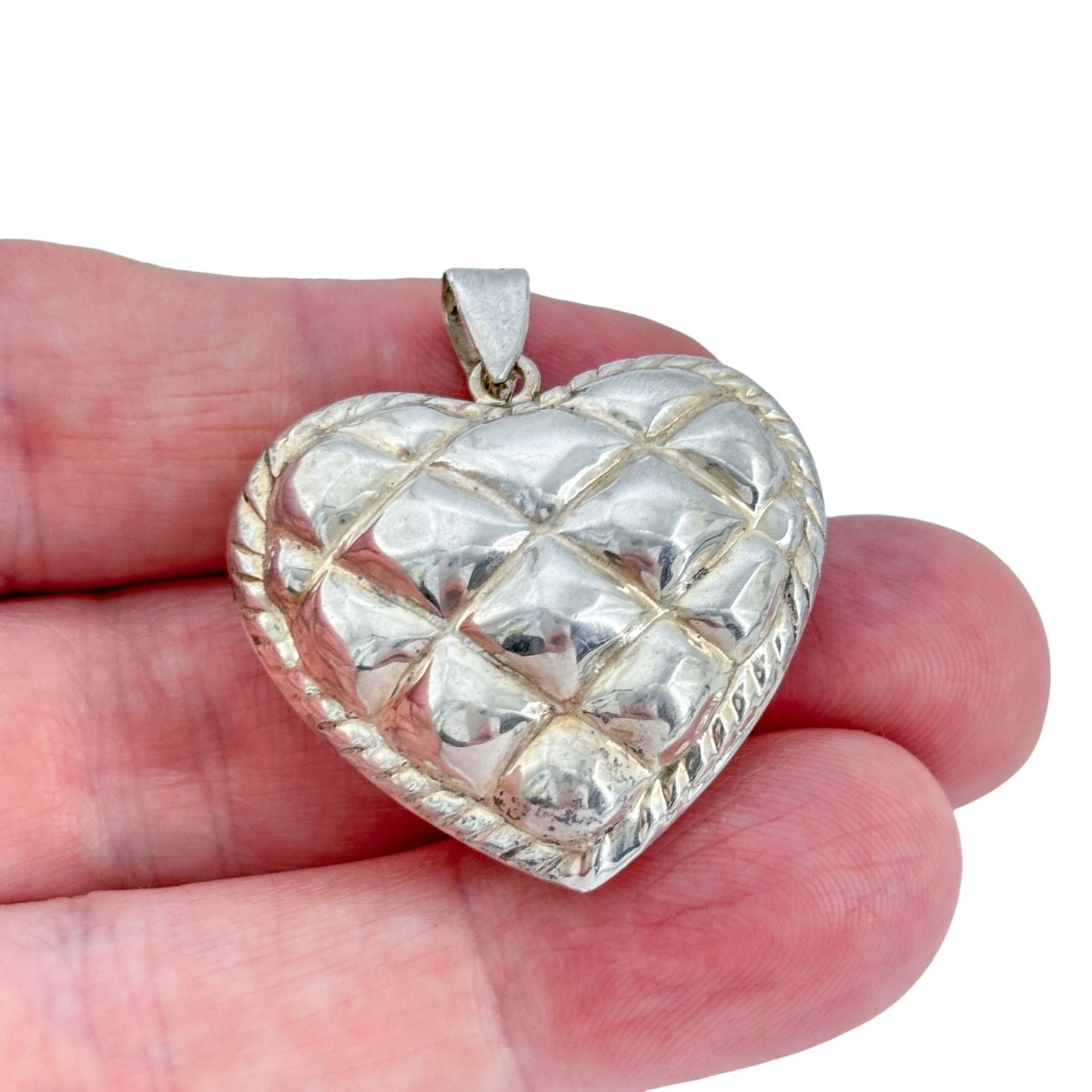 Vintage Sterling Silver 925 Puffed Quilted Heart Pendant