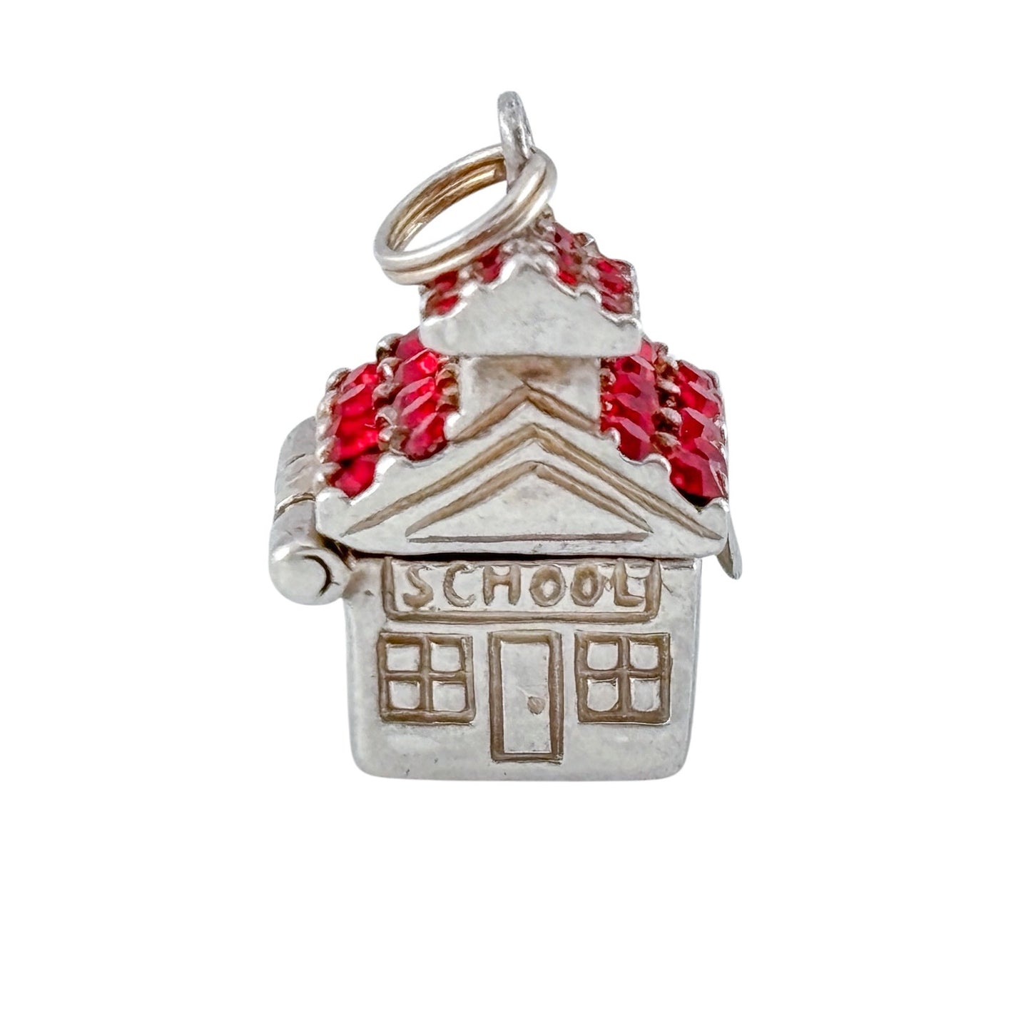 Vintage Jezlaine Sterling Silver 925 Red Crystal Schoolhouse Charm