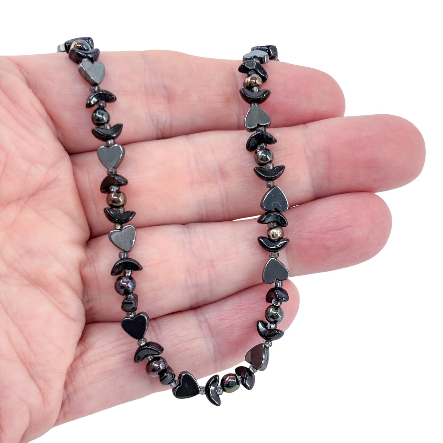 Vintage Sterling Silver 925 Hematite Heart Beaded Necklace 27"
