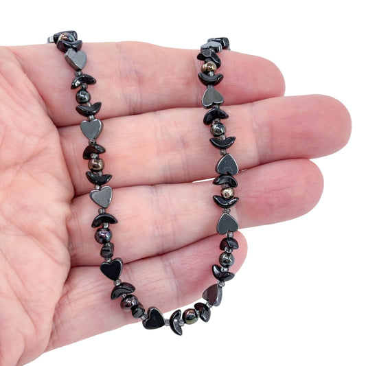 Vintage Sterling Silver 925 Hematite Heart Beaded Necklace 27"