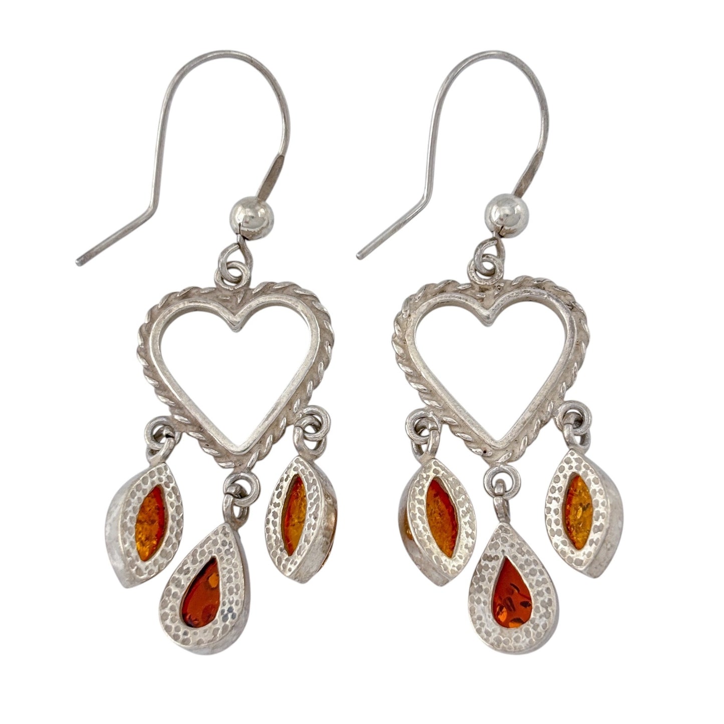 Vintage Sterling Silver 925 Amber Drop Heart Dangle Earrings
