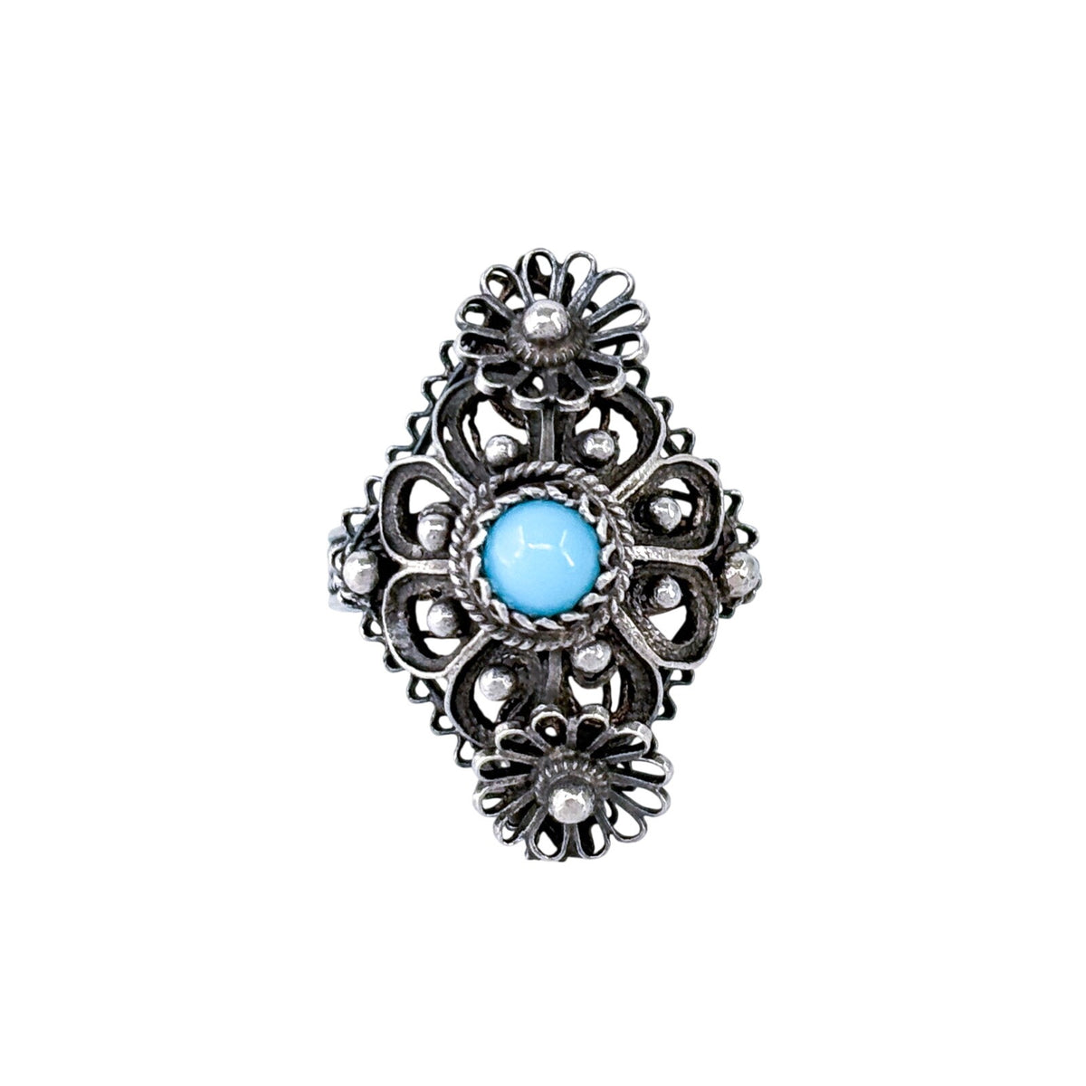 Vintage Sterling Silver 925 Filigree Persian Turquoise Ring Size 6