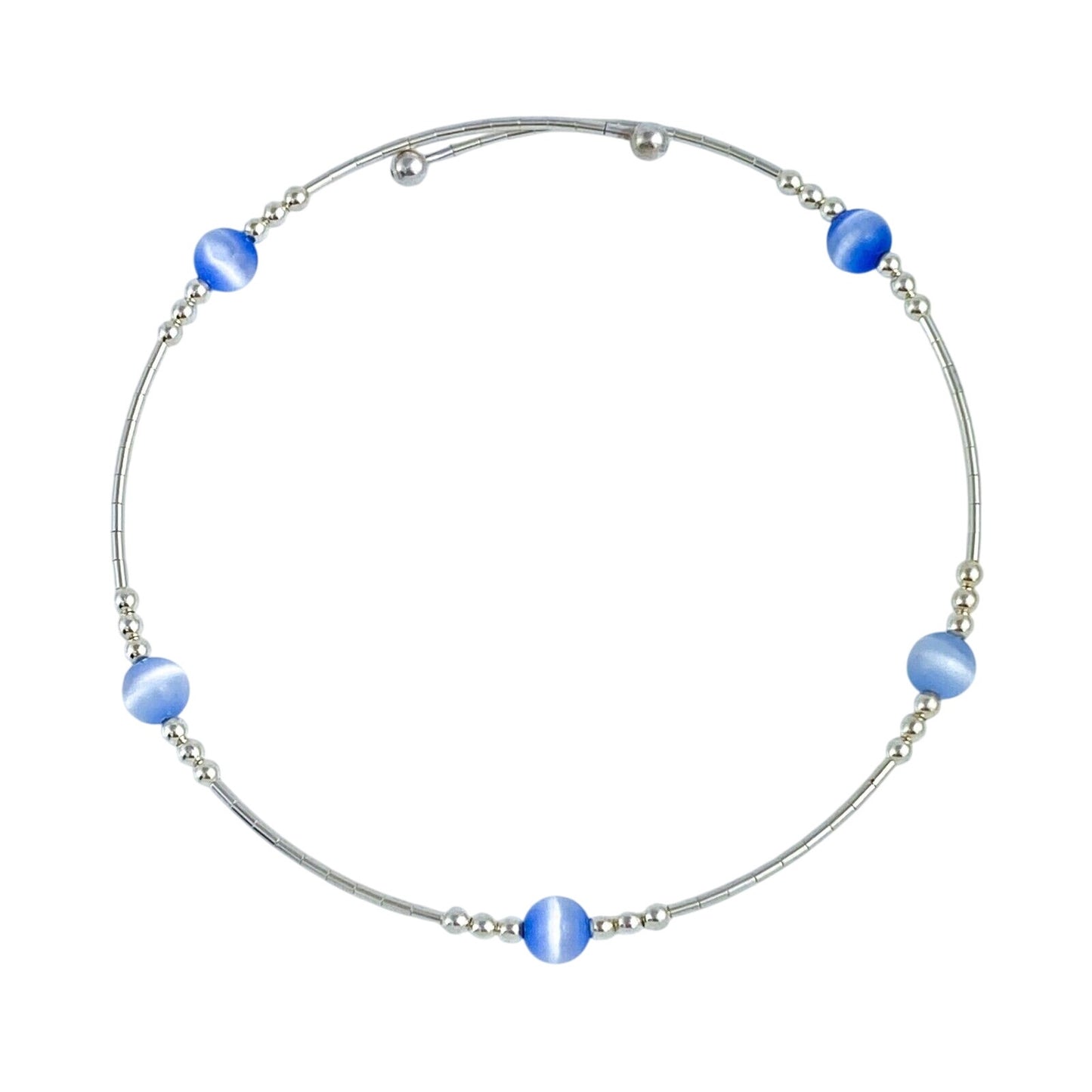 Vintage Sterling Silver 925 Light Blue Cat’s Eye Memory Wire Bracelet 7.5”