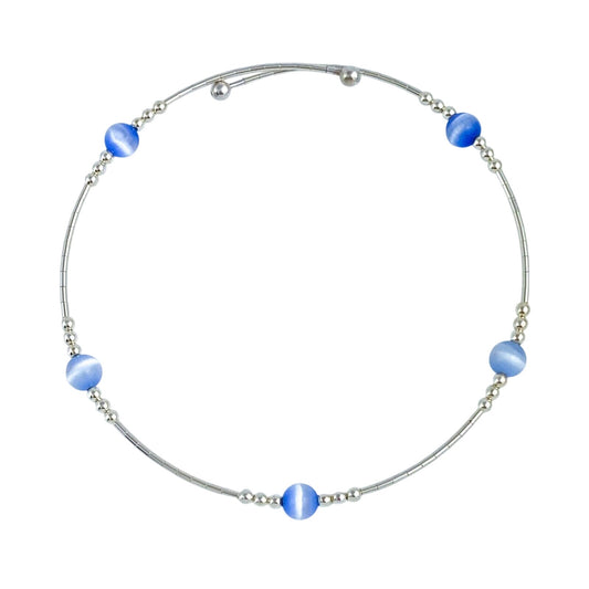 Vintage Sterling Silver 925 Light Blue Cat’s Eye Memory Wire Bracelet 7.5”