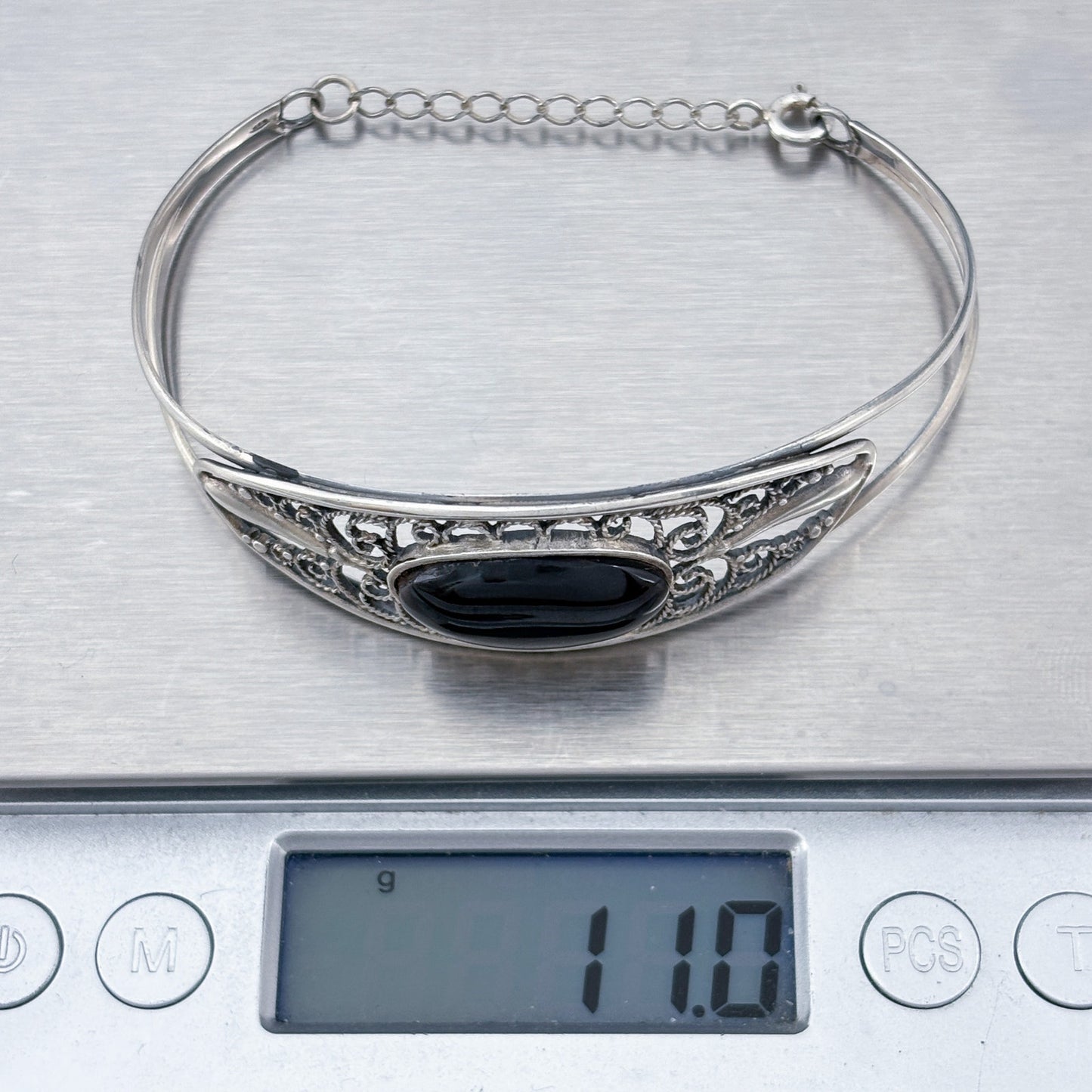 Vintage Sterling Silver 925 Onyx Filigree Cuff Bracelet 7"
