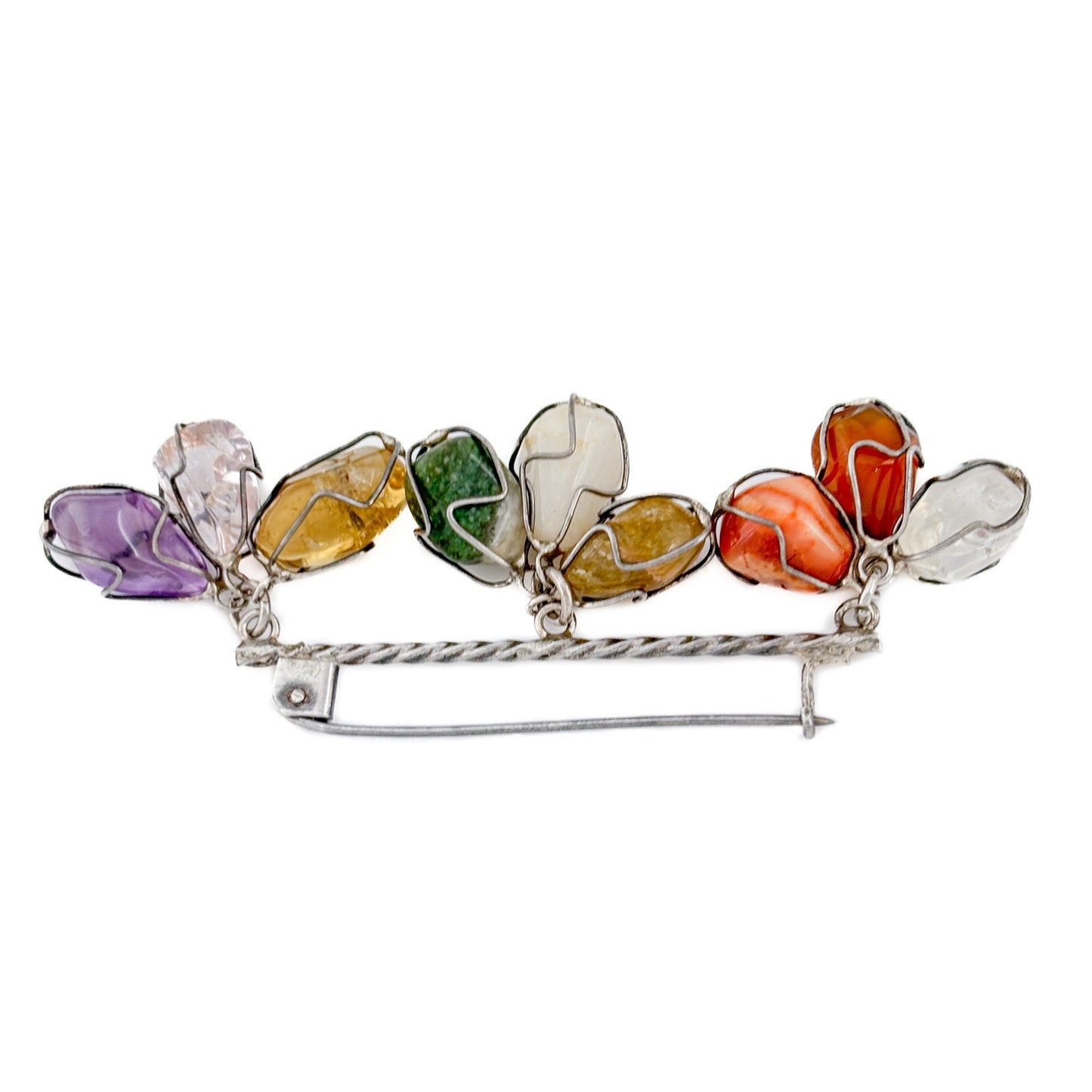 Vintage Sterling Silver 925 Multi Gemstone Bar Brooch