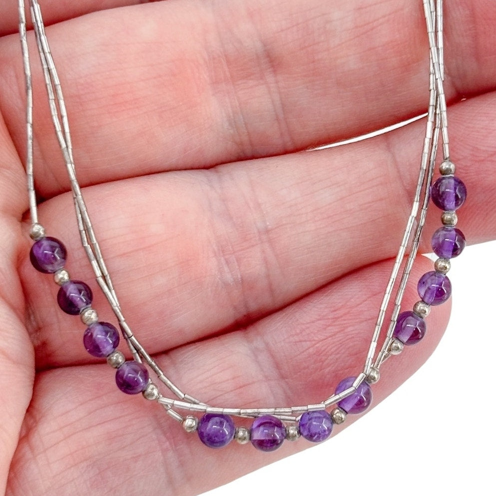 Vintage Sterling Silver 925 Liquid Silver Amethyst Bead Necklace 18"