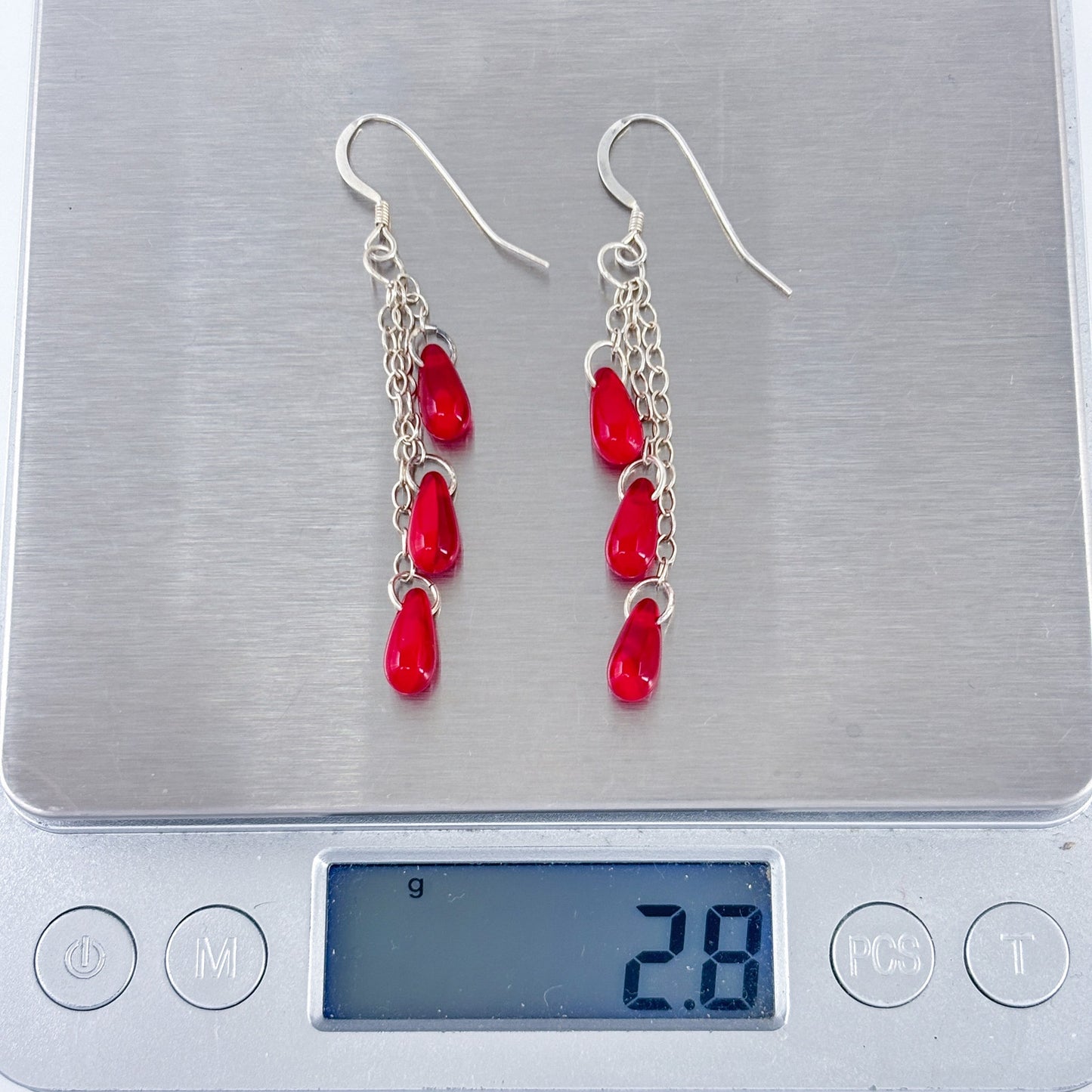 Vintage Sterling Silver 925 Red Glass Dangle Earrings