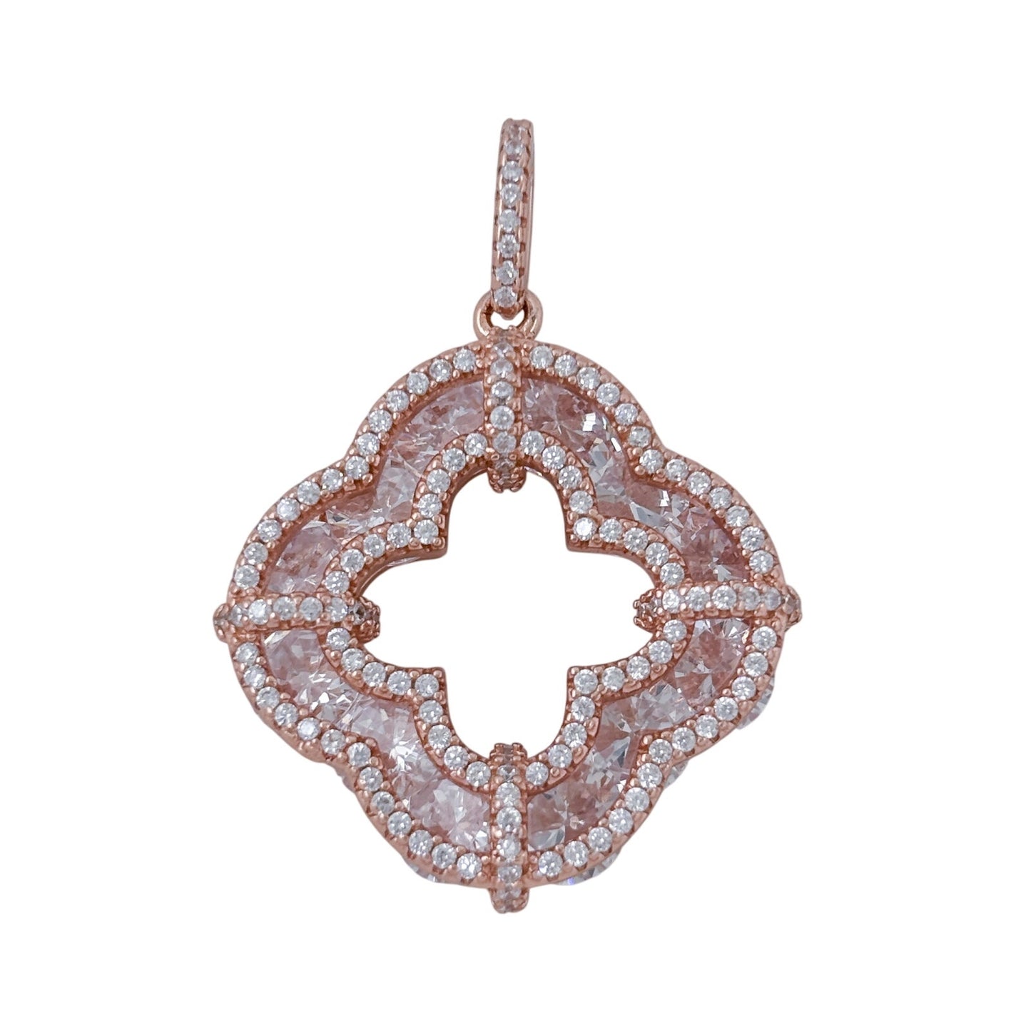 Vintage Rose Gold-Tone Sterling Silver 925 Cubic Zirconia Quatrefoil Pendant