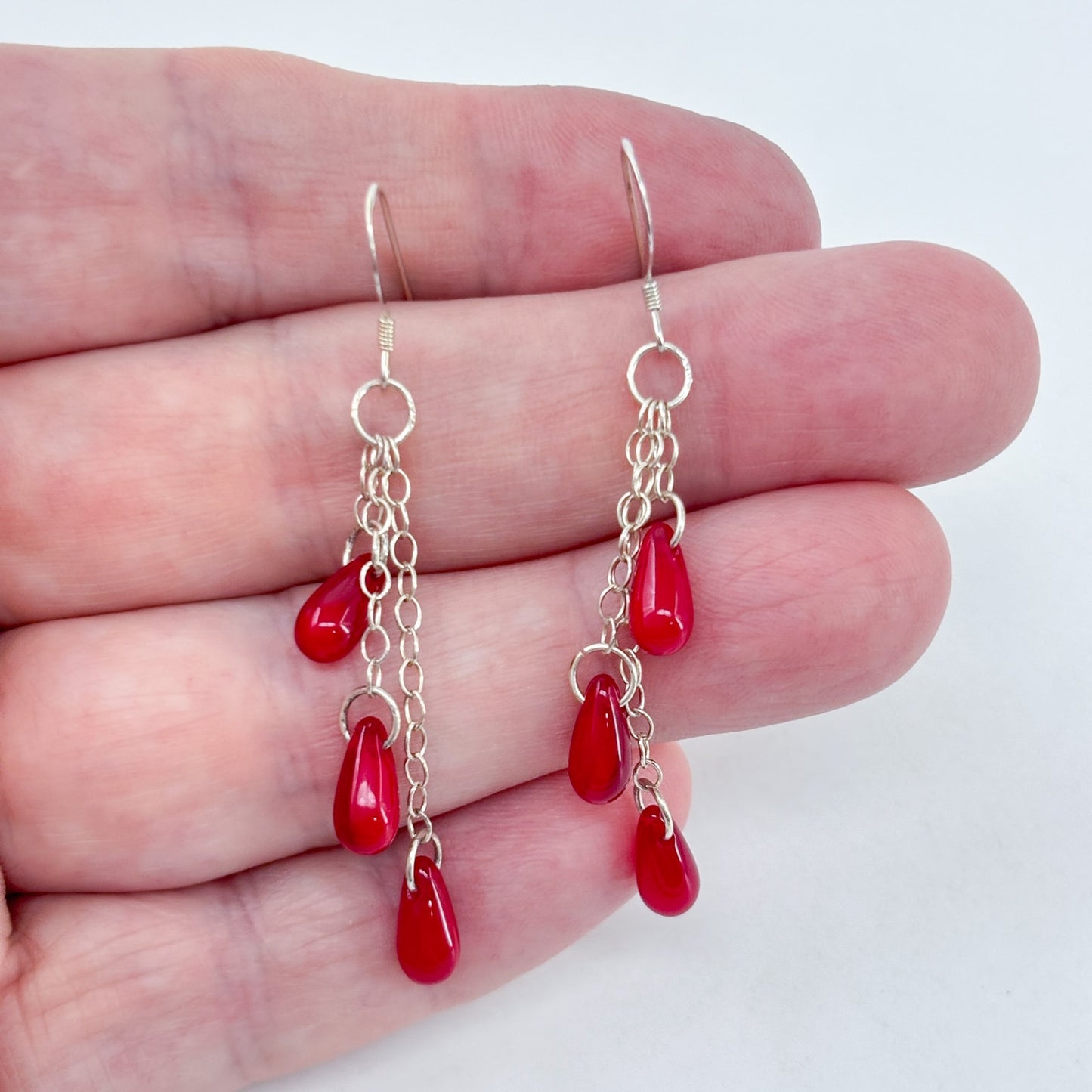 Vintage Sterling Silver 925 Red Glass Dangle Earrings