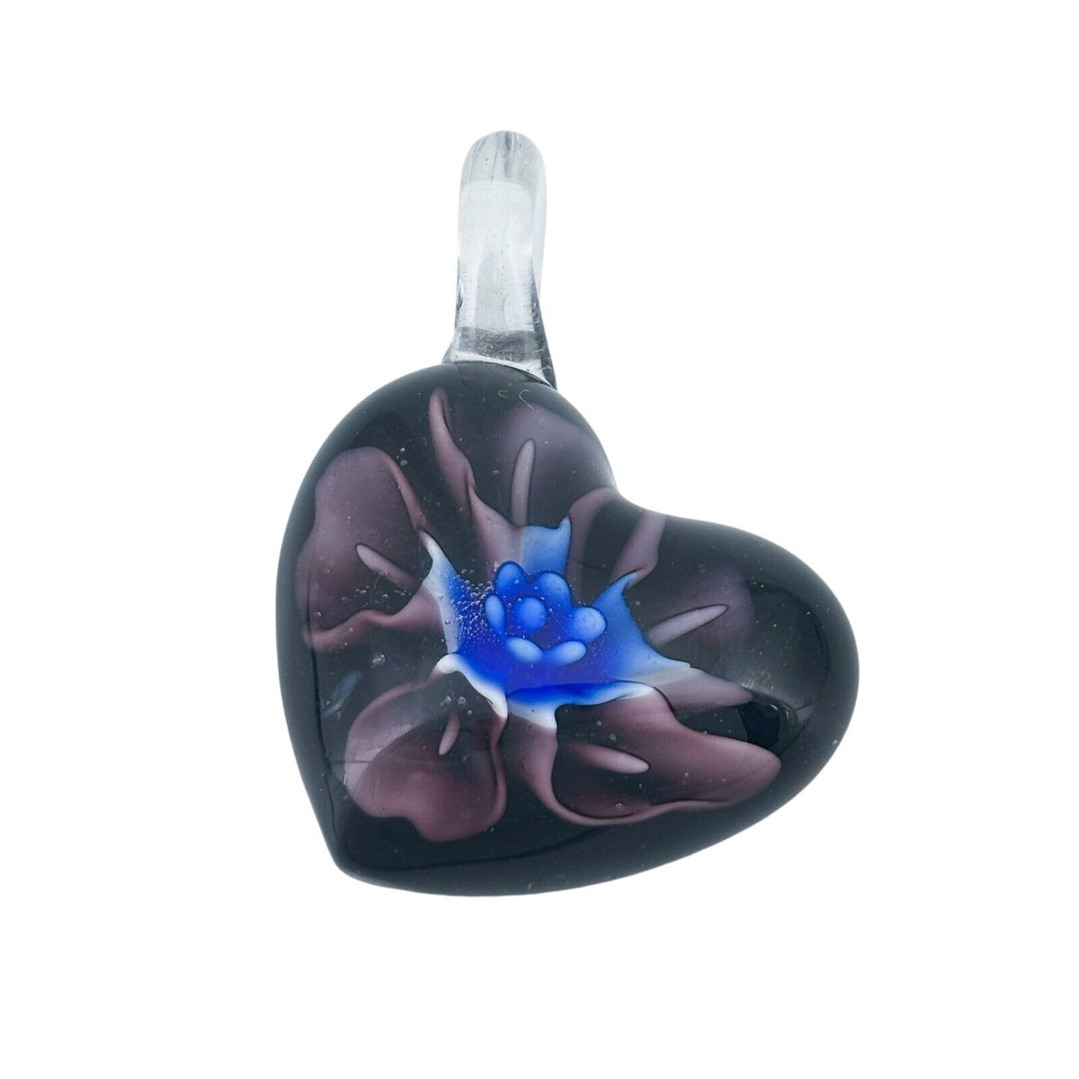 Purple Glass Heart Pendant with Blue Floral Design