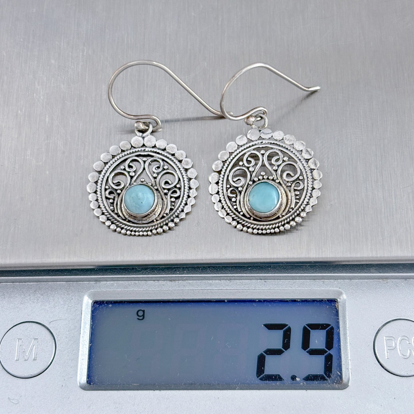 Vintage Sterling Silver 925 Larimar Filigree Dangle Earrings