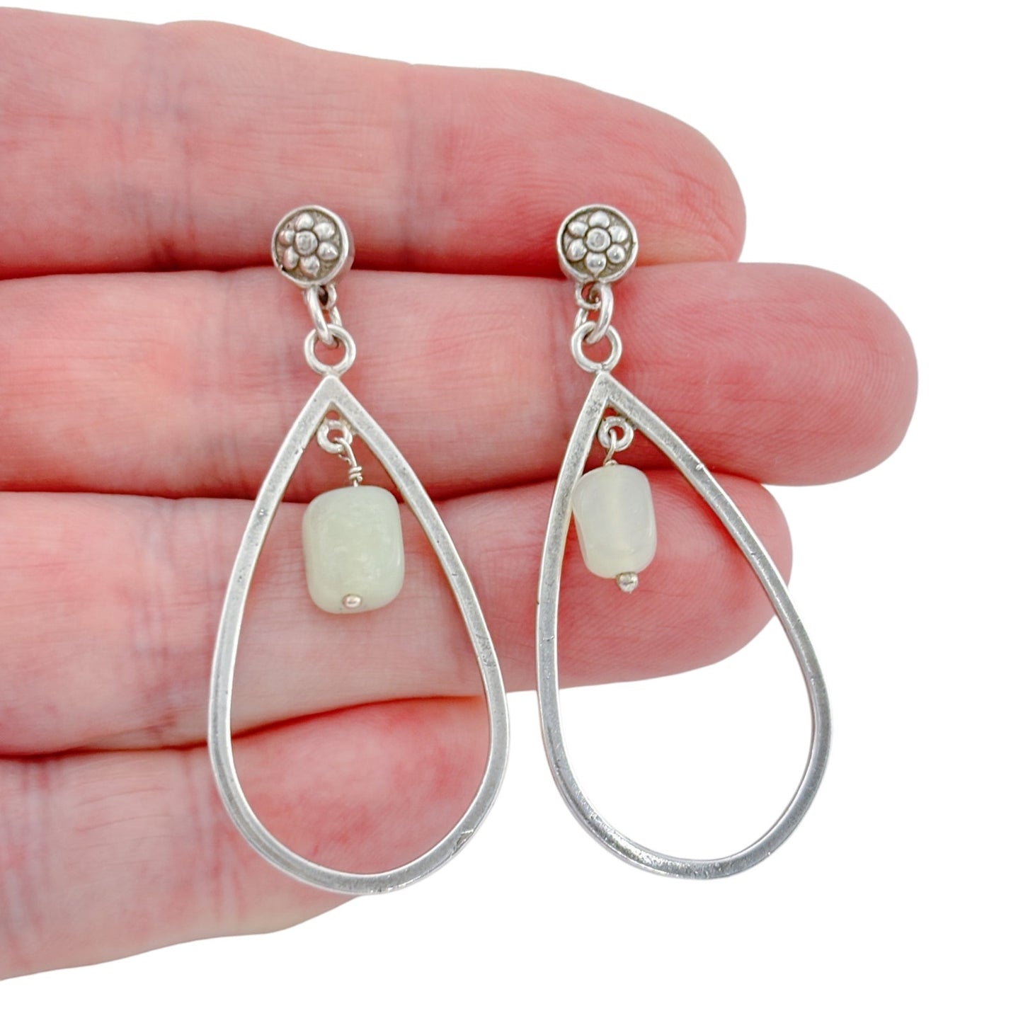 Vintage Sterling Silver 925 Chrysoprase Stone Dangle Open Teardrop Earrings
