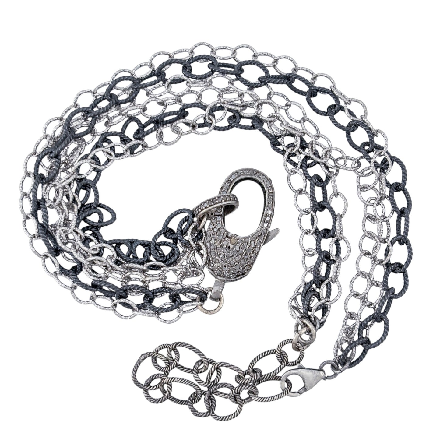 Vintage Sterling Silver 925 Pave Diamond Lock Multi Chain Necklace 18.5"-21.5"
