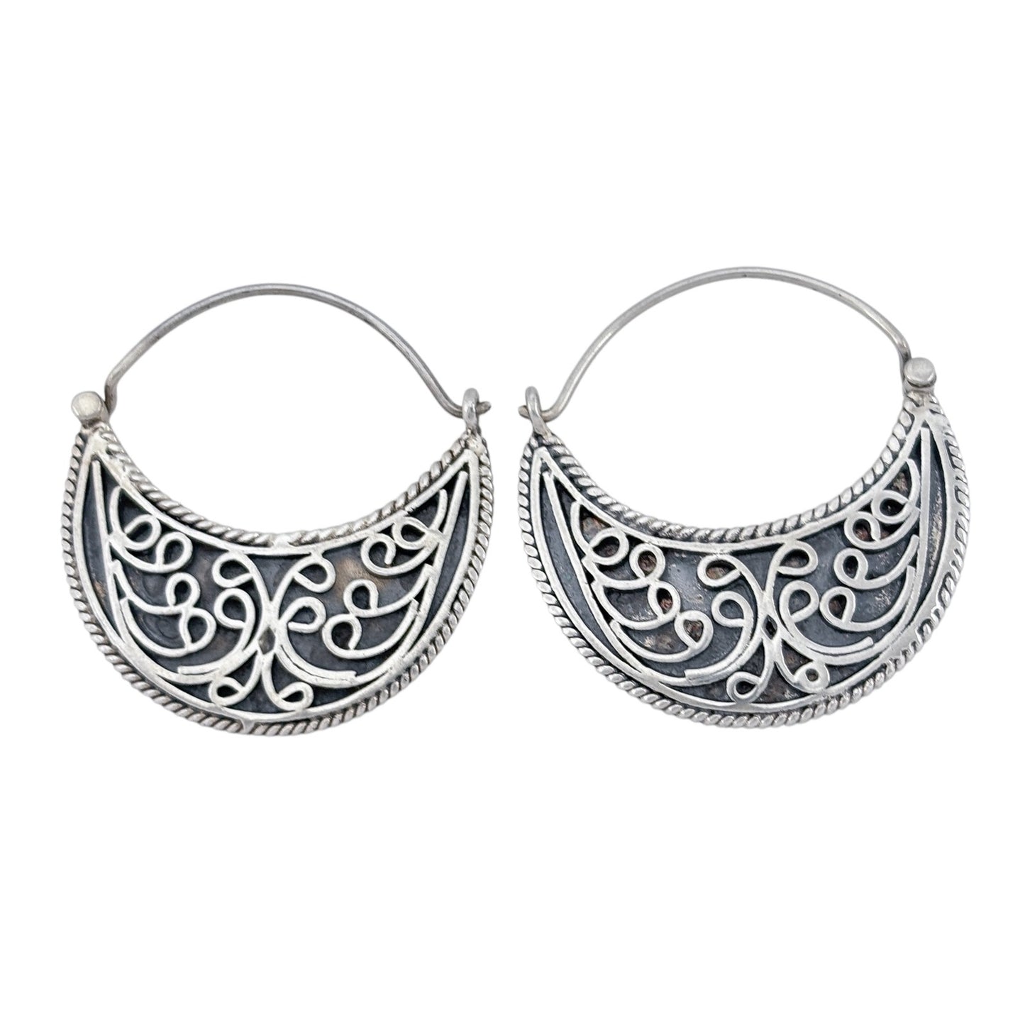 Vintage Sterling Silver 925 Filigree Crescent Hoop Earrings