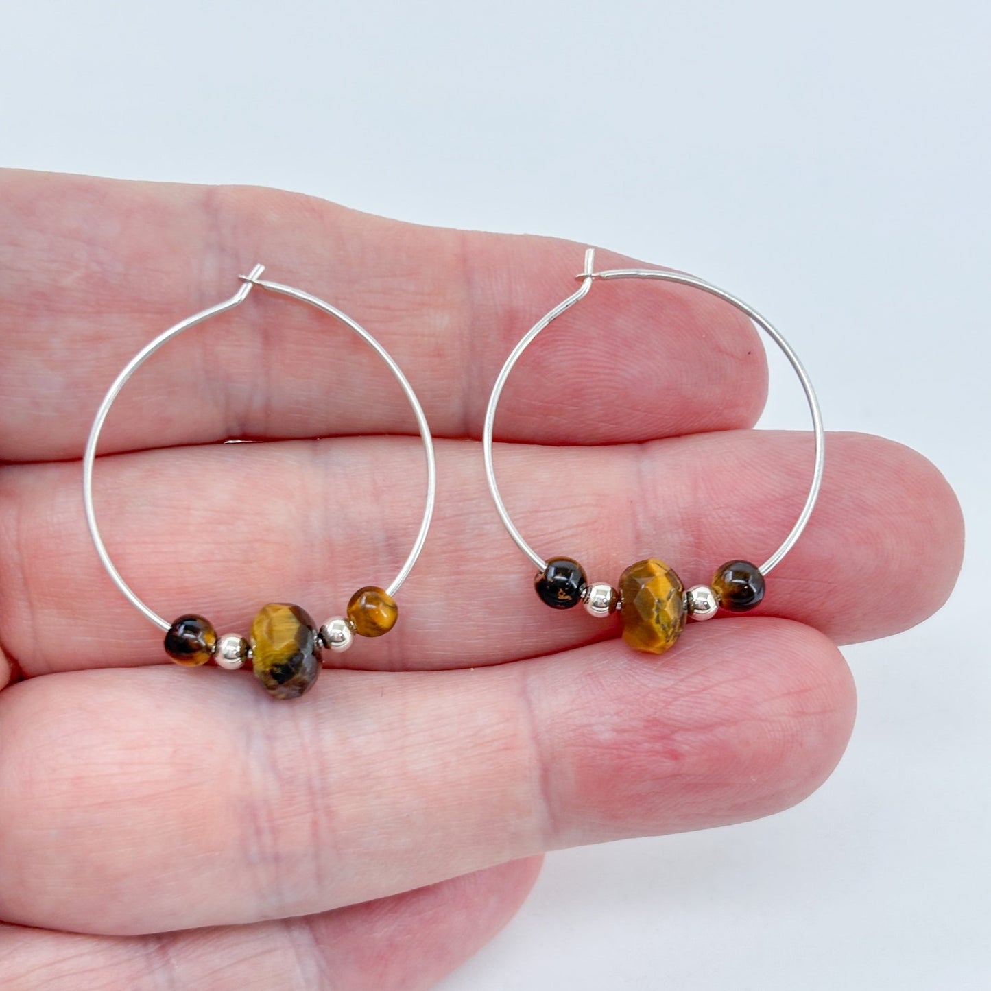 Estate Sterling Silver 925 Tiger's Eye Beaded Hoop Earrings