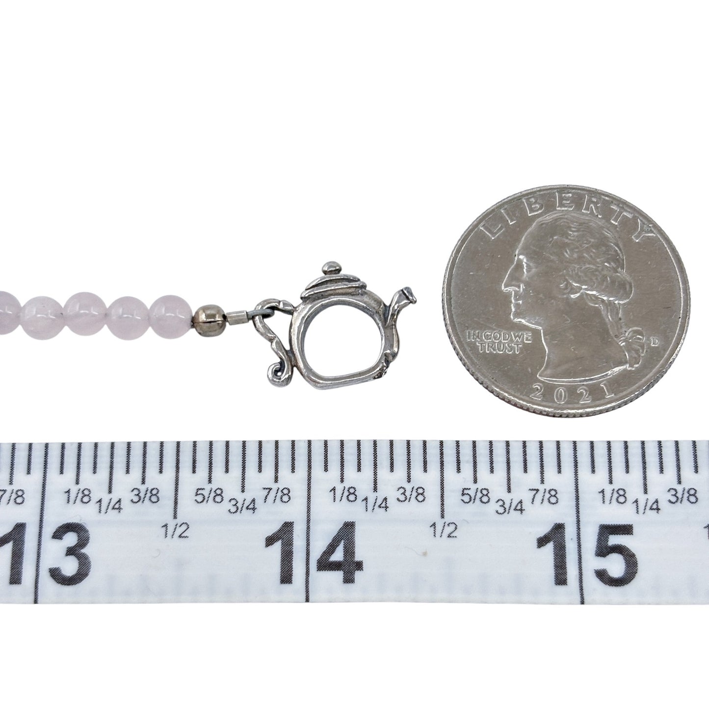 Vintage Sterling Silver 925 Rose Quartz Teapot Spoon Clasp Necklace 14"
