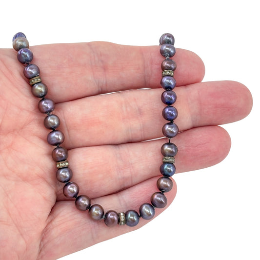 Estate Sterling Silver 925 Handknotted Pearl Crystal Spacer Necklace 18"