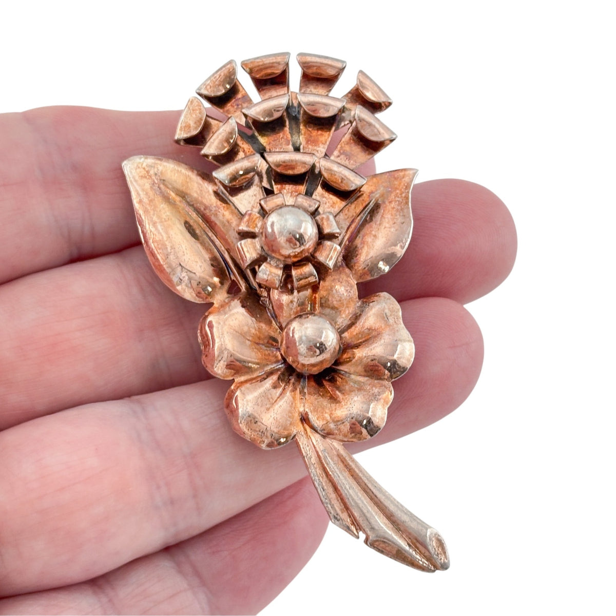 Vintage Rose Gold Vermeil Sterling Silver Double Flower Brooch