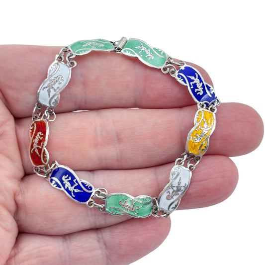 Vintage Sterling Silver 925 Thai Dancer Enamel Bracelet 7.25"