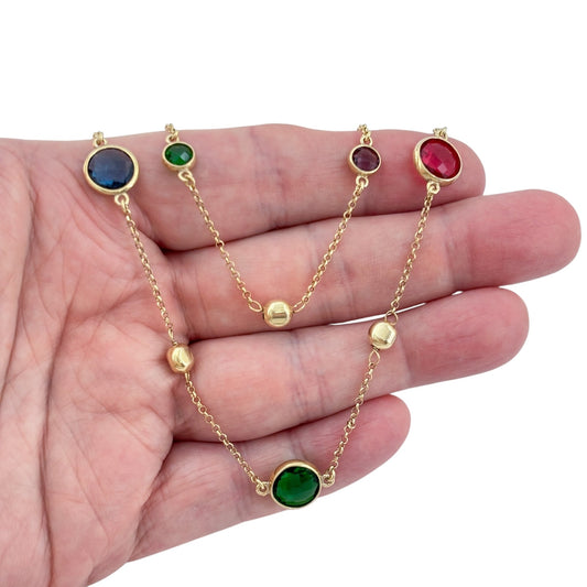 Vintage Gold-Tone Sterling Silver 925 Multi-Color Glass Necklace 15.5"-17.5"