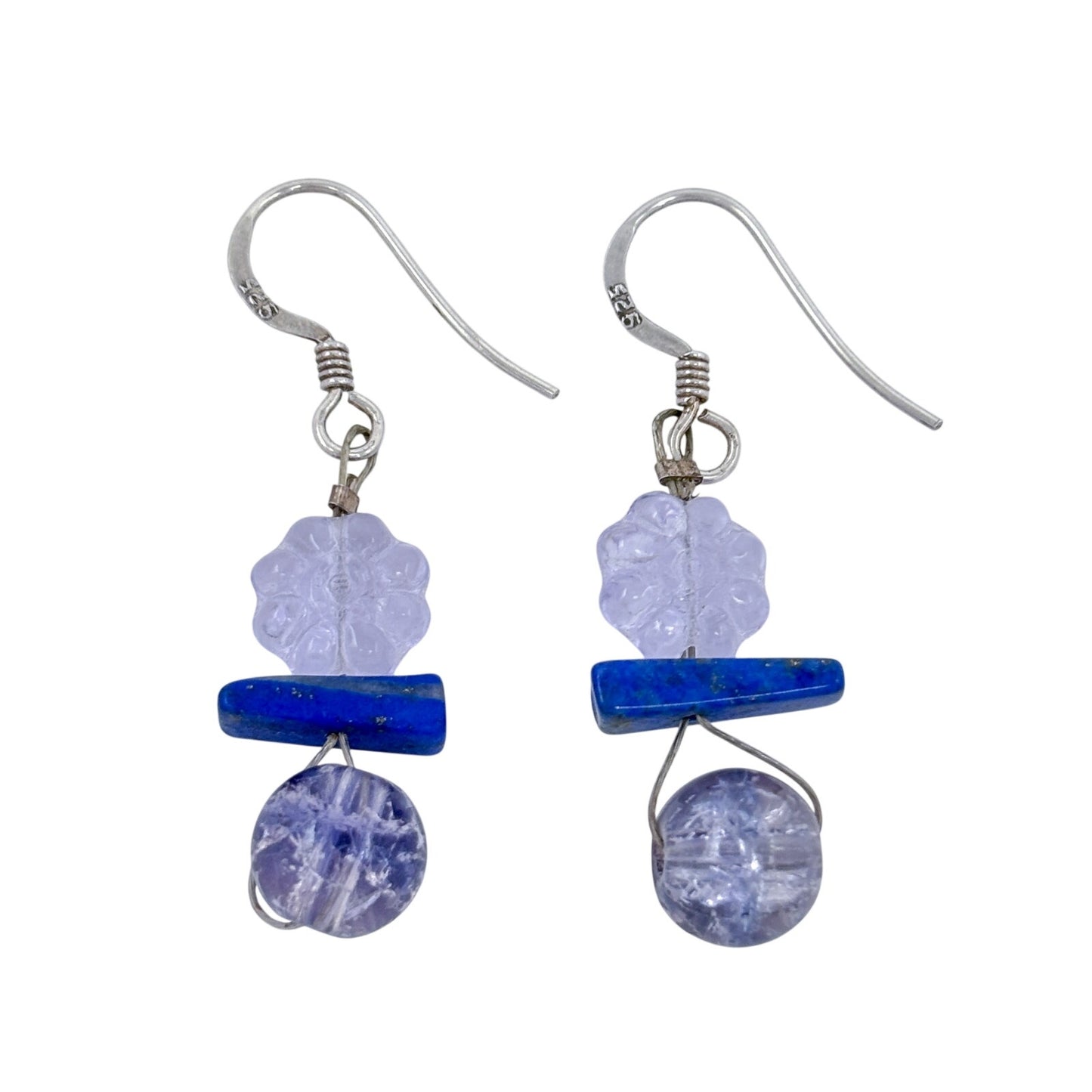 Vintage Sterling Silver 925 Blue Lapis Lazuli Glass Bead Dangle Earrings
