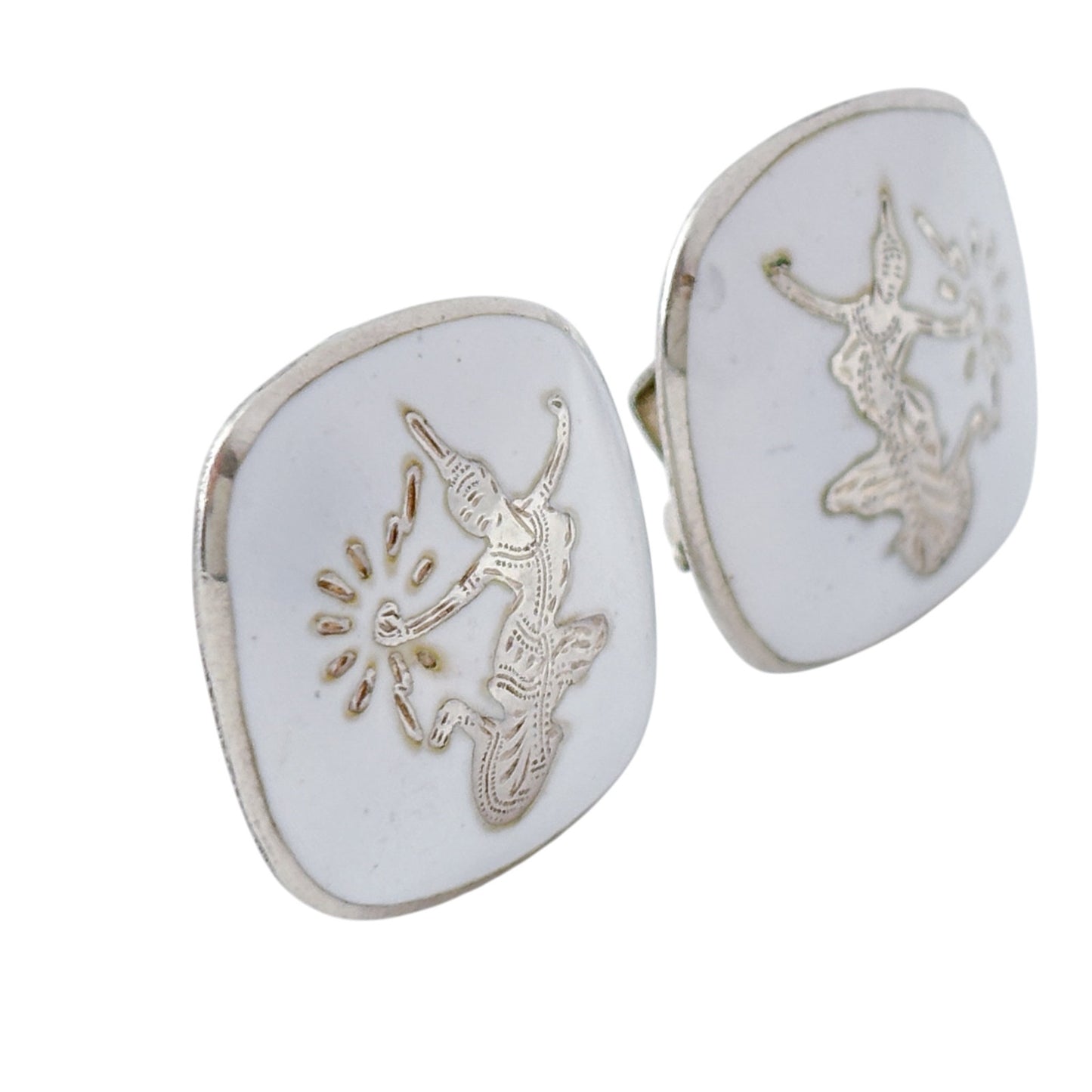 Vintage Sterling Silver 925 White Enamel Dancer Clip-On Earrings