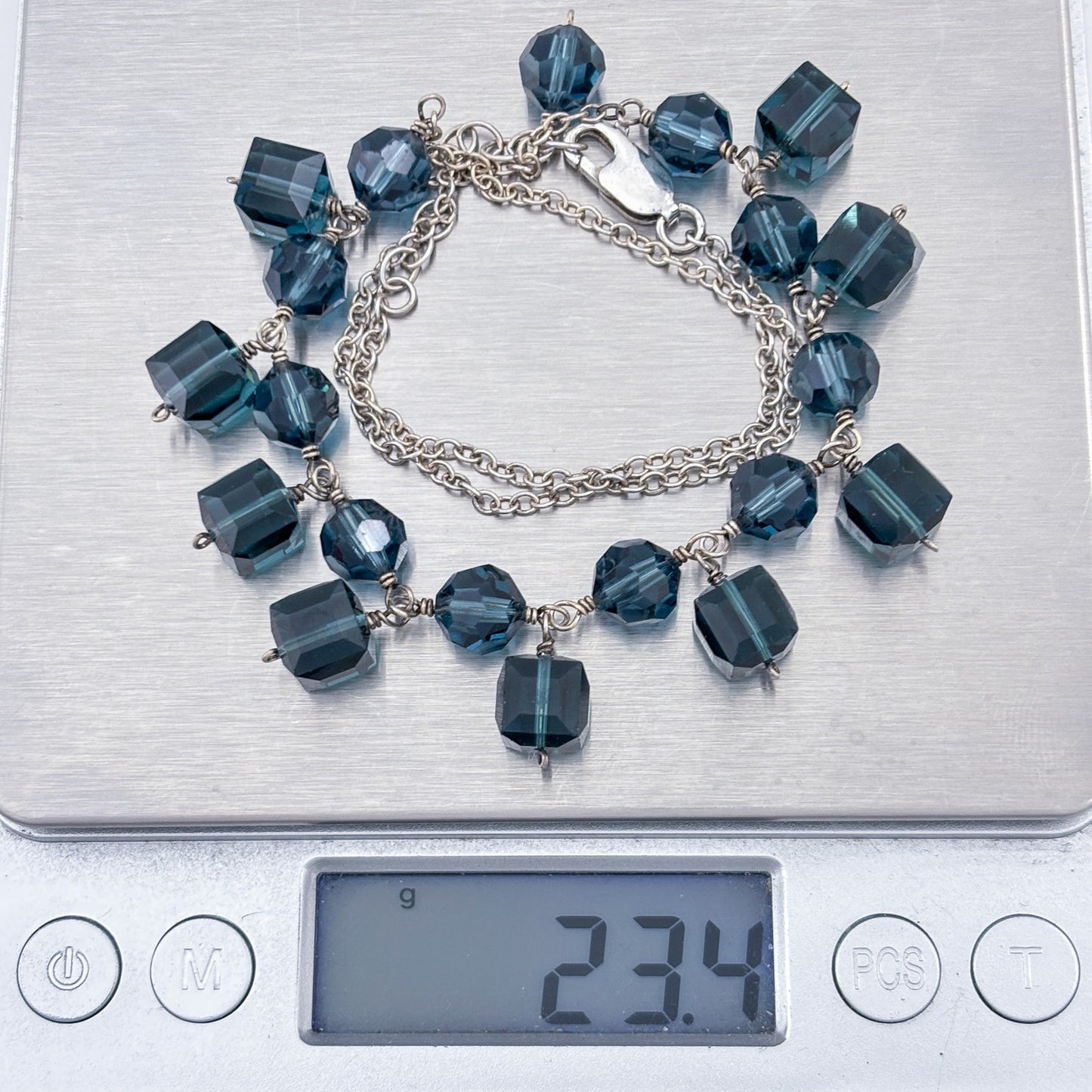 Vintage Sterling Silver 925 Blue Crystal Necklace 16"-17.25"