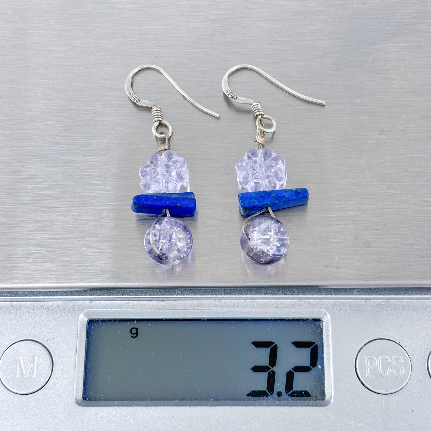 Vintage Sterling Silver 925 Blue Lapis Lazuli Glass Bead Dangle Earrings