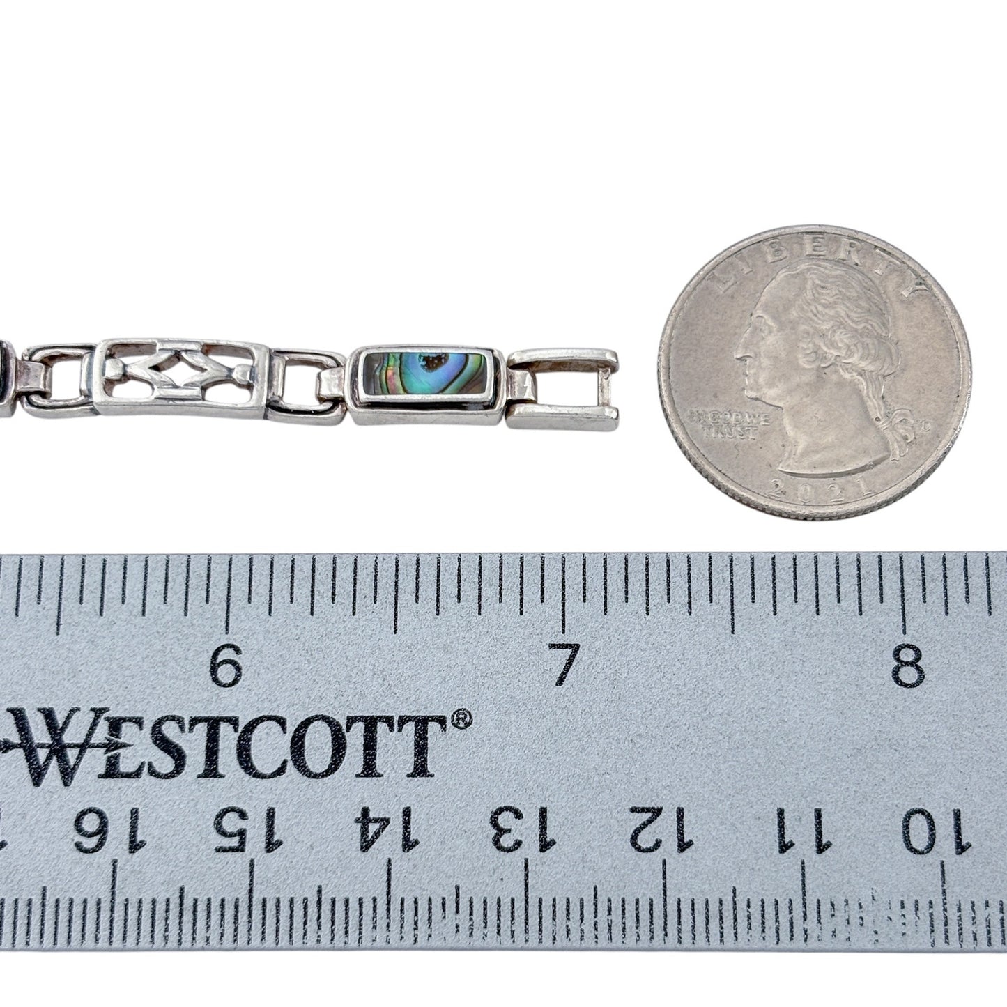 Vintage Sterling Silver 925 Abalone Inlay Link Bracelet 7"