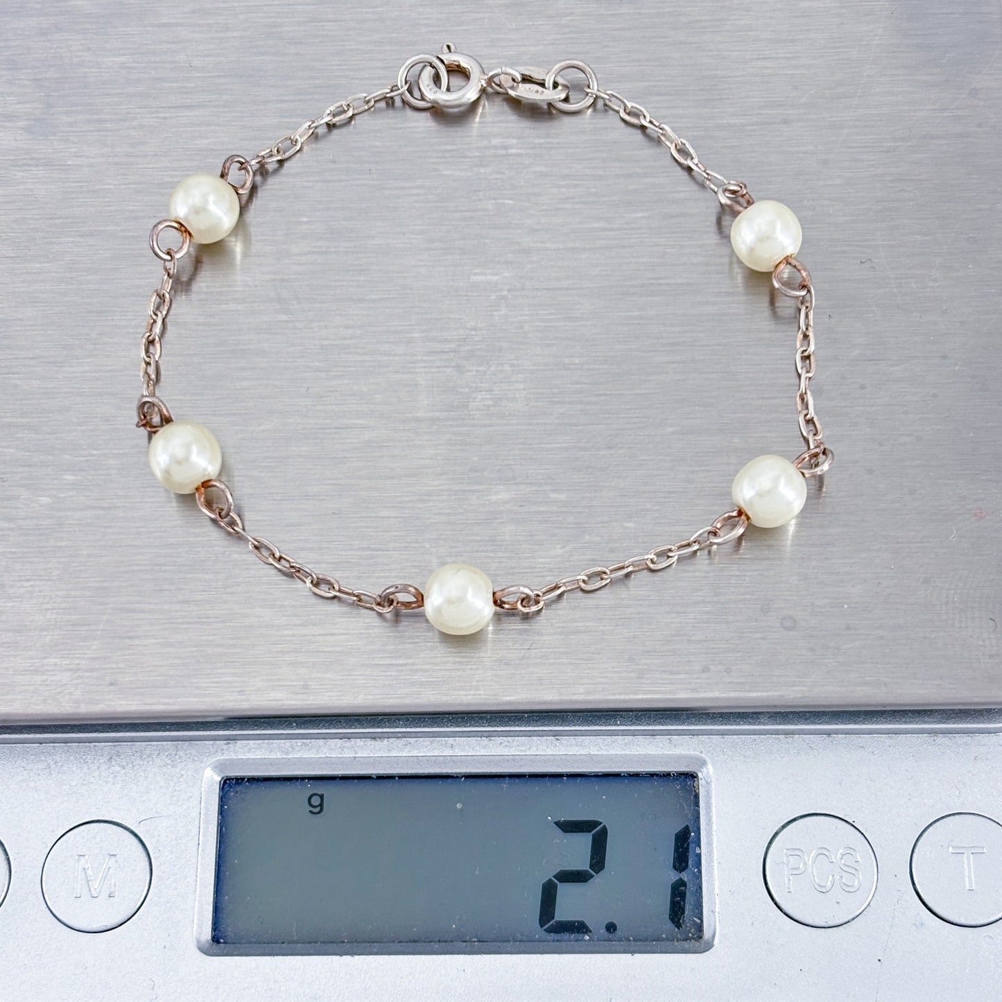 Vintage Sterling Silver 925 Pearl Station Chain Bracelet 7"