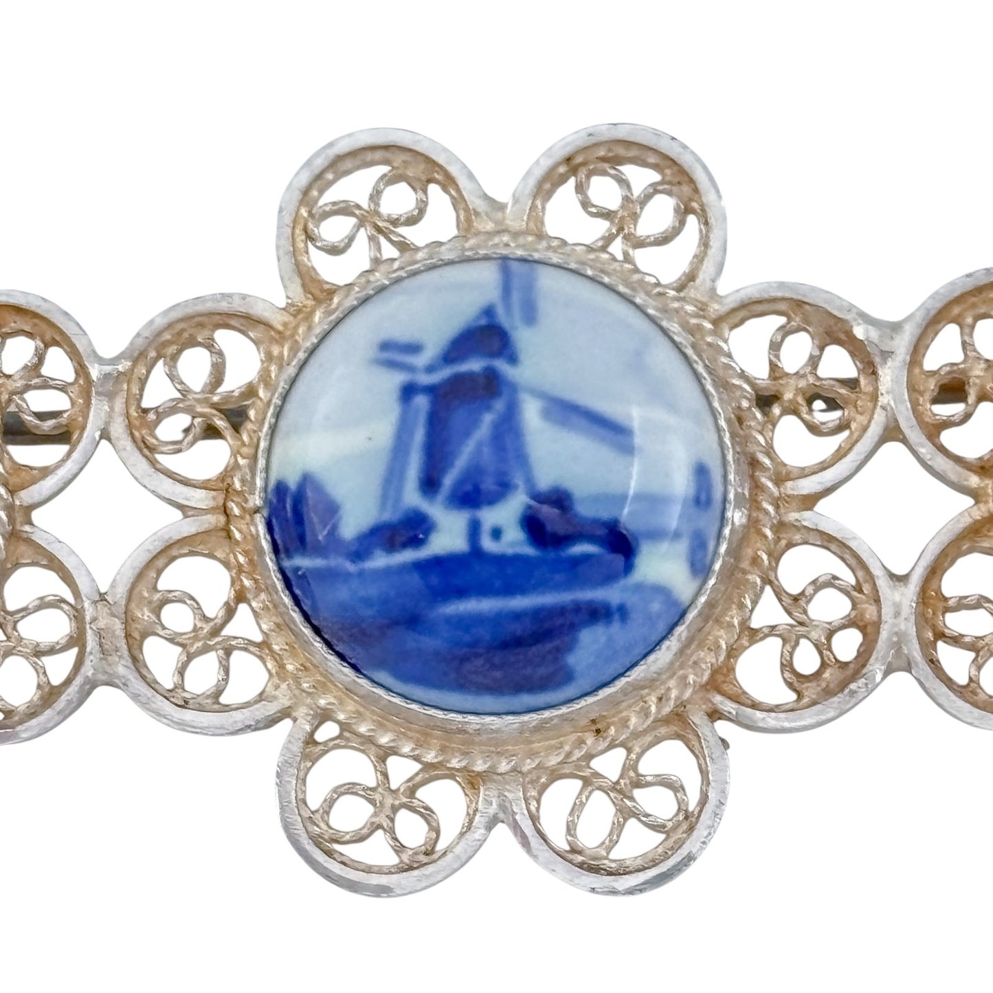 Vintage Sterling Silver 925 Delft 3 Panel Brooch