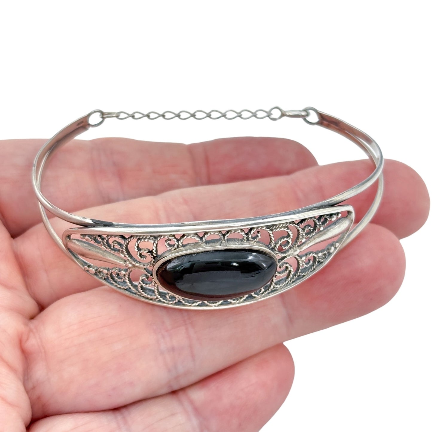 Vintage Sterling Silver 925 Onyx Filigree Cuff Bracelet 7"