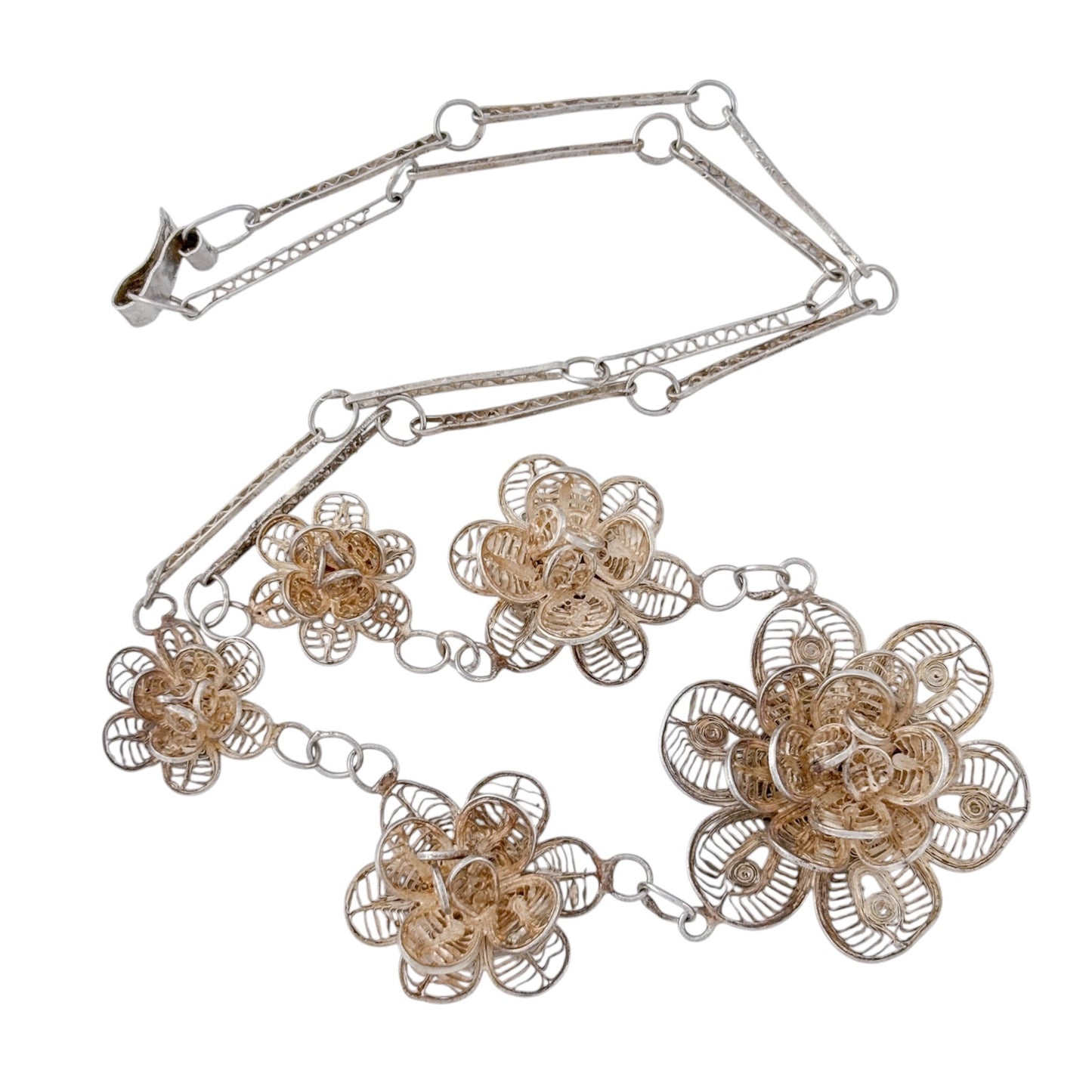 Vintage Mexico Sterling Silver 925 Filigree Flower Necklace 19"