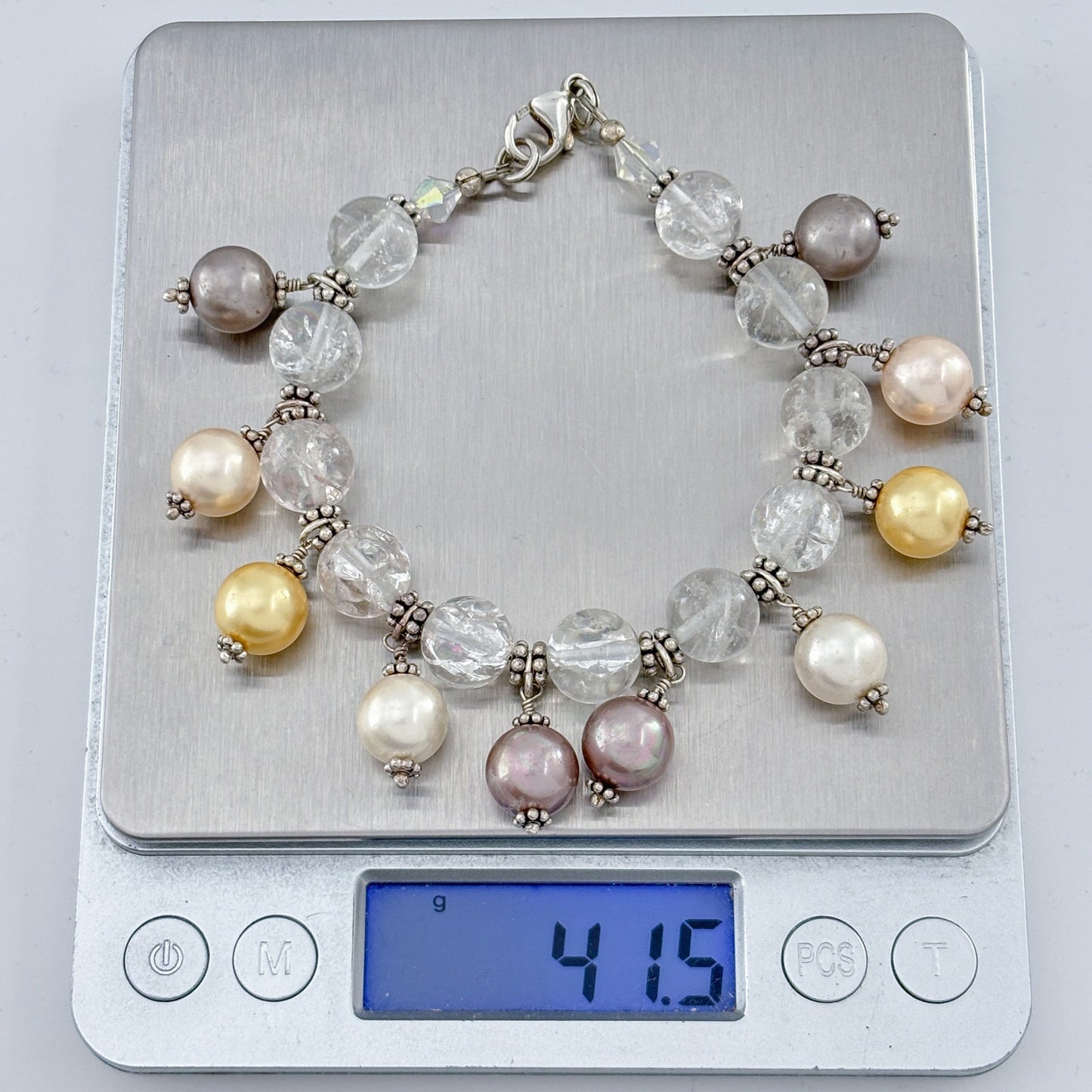 Vintage Sterling Silver 925 Quartz Imitation Pearl Bracelet 7.5"