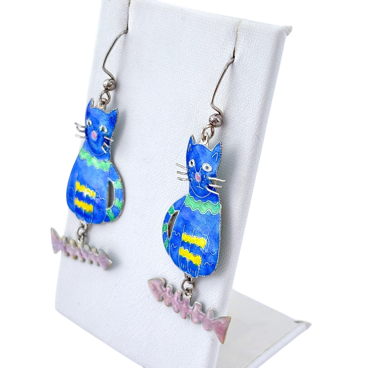 Vintage Sterling Silver 925 Blue Enamel Cat & Fish Dangle Earrings