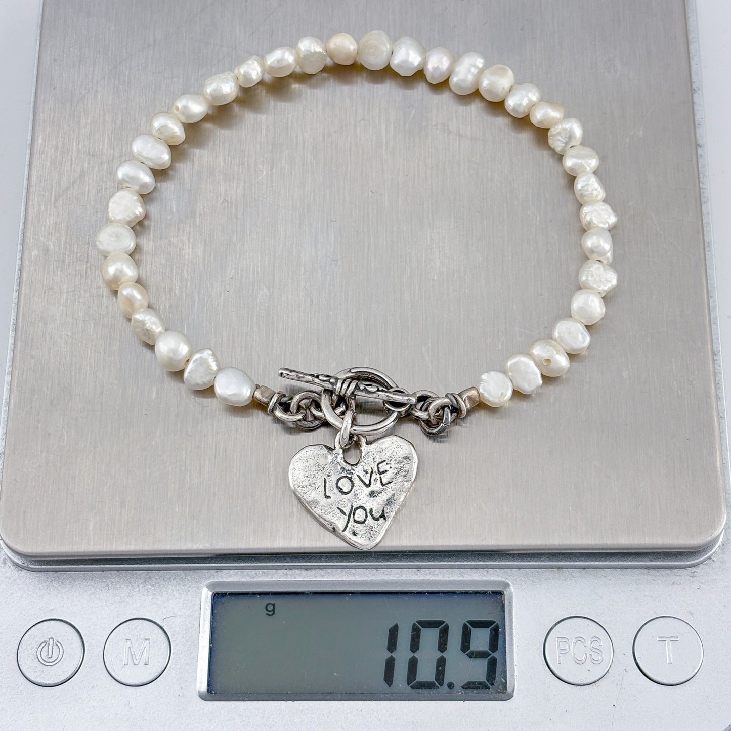 Vintage Sterling Silver 925 Pearl Love You Heart Bracelet 8"