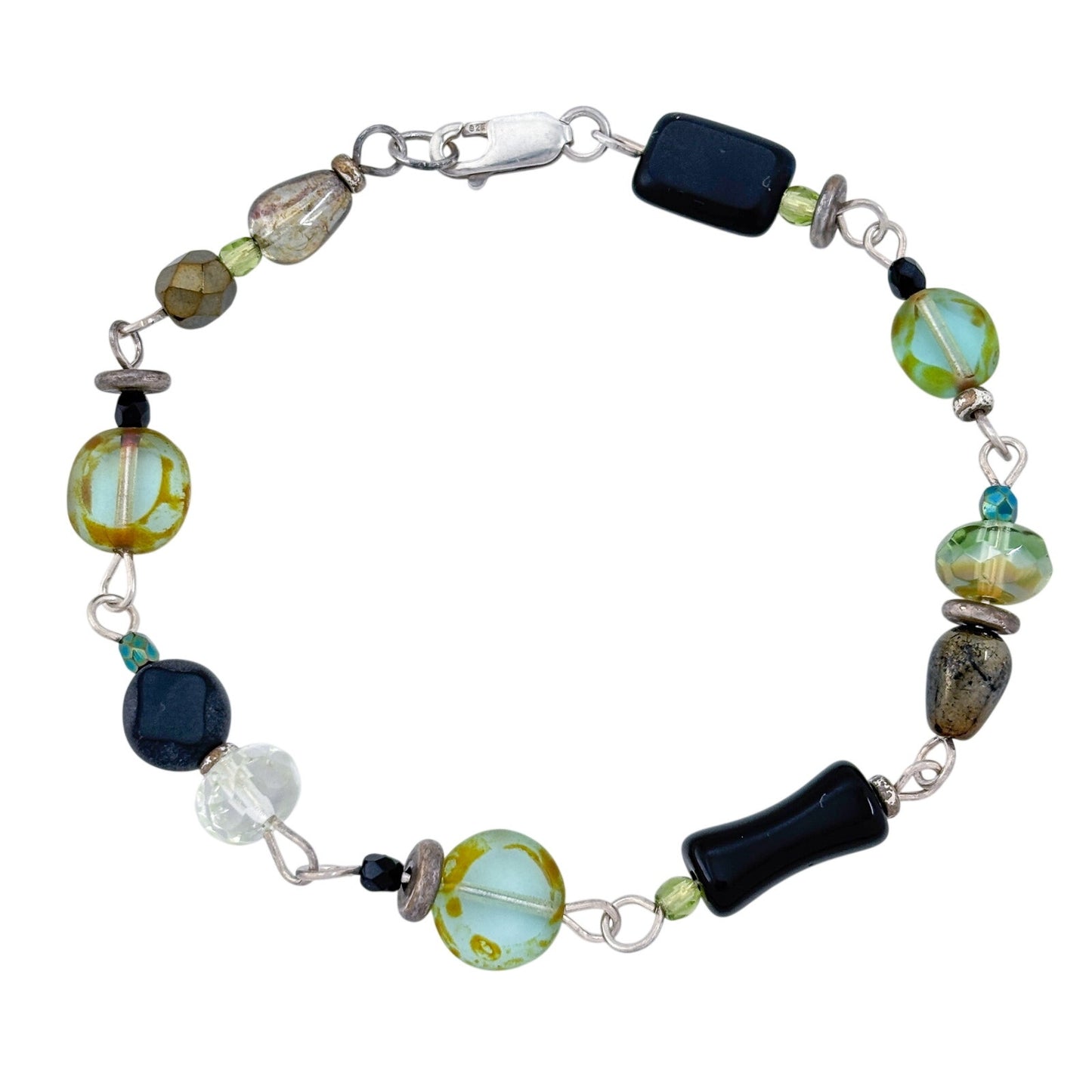Vintage Sterling Silver 925 Mixed Glass Bead Bracelet 8"