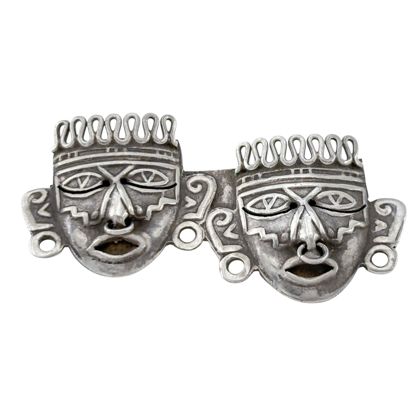Vintage Sterling Silver 925 Mexico Dual Aztec Mask Brooch