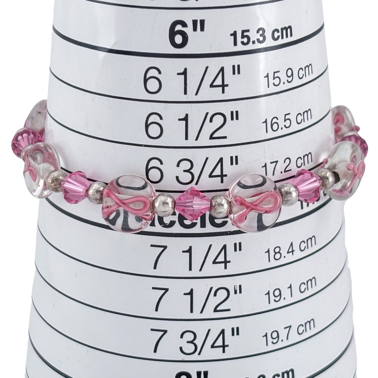 Vintage Sterling Silver 925 Lampwork Glass Pink Ribbon Awareness Bracelet 7.5"