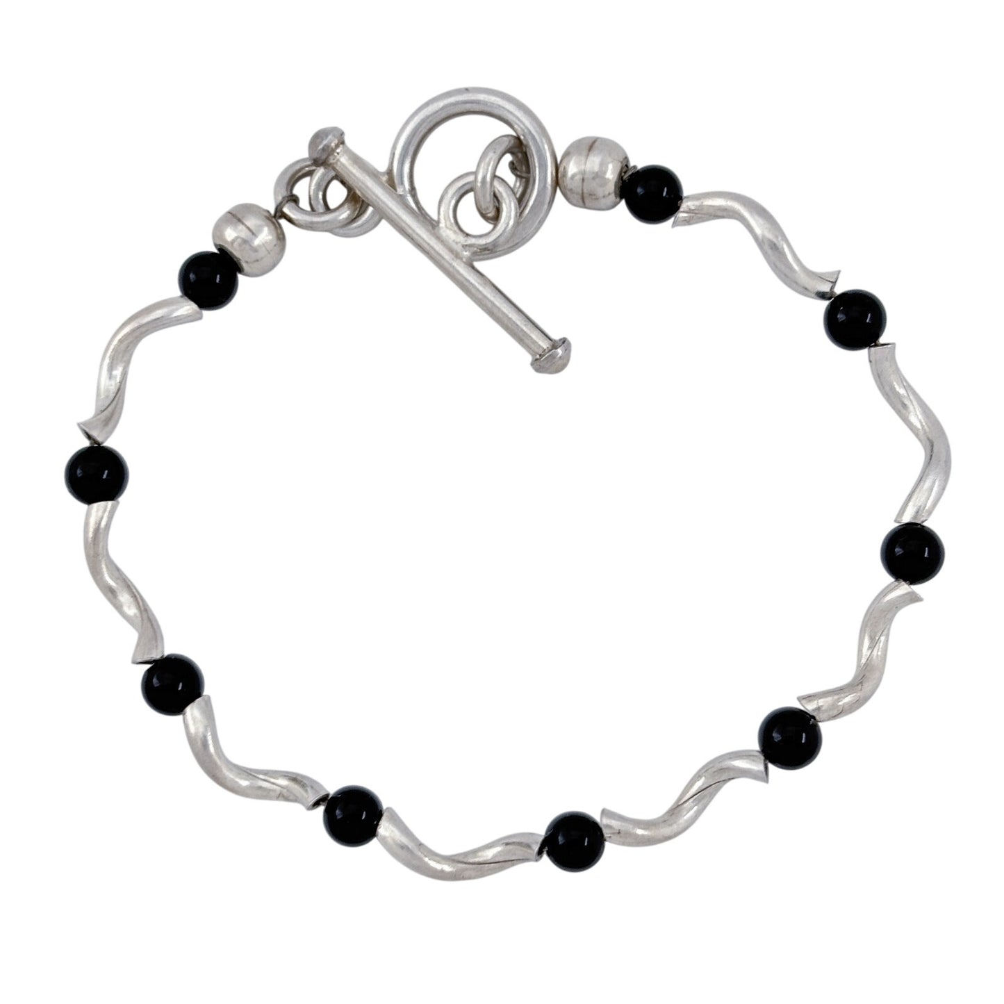 Vintage Sterling Silver 925 Black Onyx Wavy Bracelet 6.5"