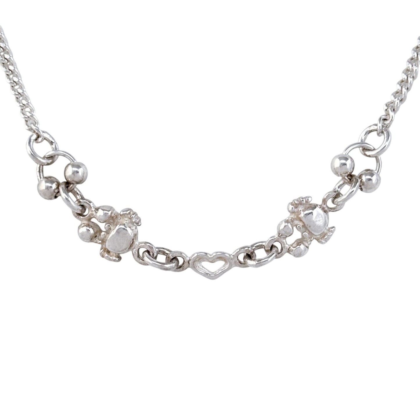 Vintage Sterling Silver 925 Beaded Crabs And Heart Accent Chain Necklace 16"